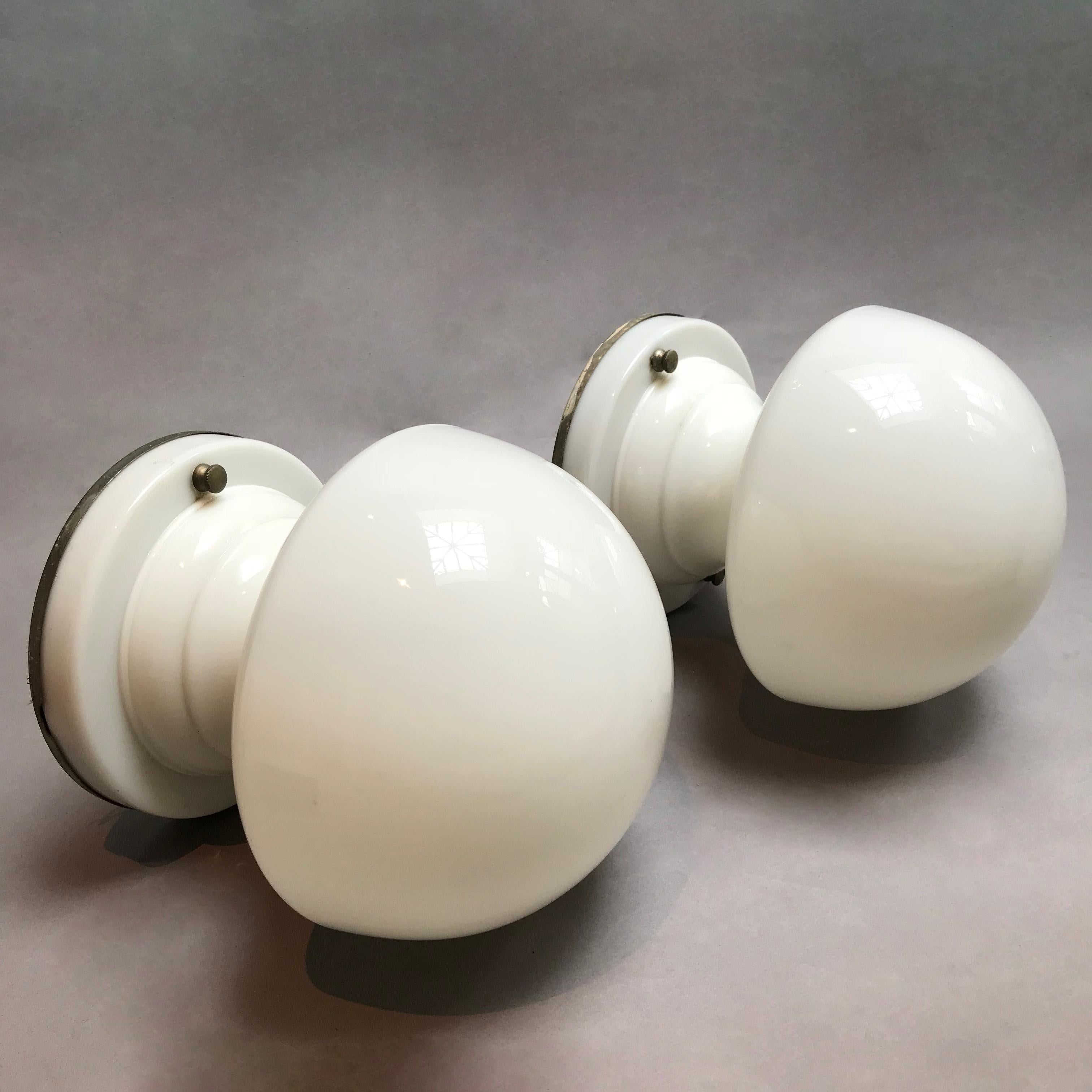 Pair of Art Deco All Milk Glass Flush Mount Ceiling Lights In Good Condition In Brooklyn, NY