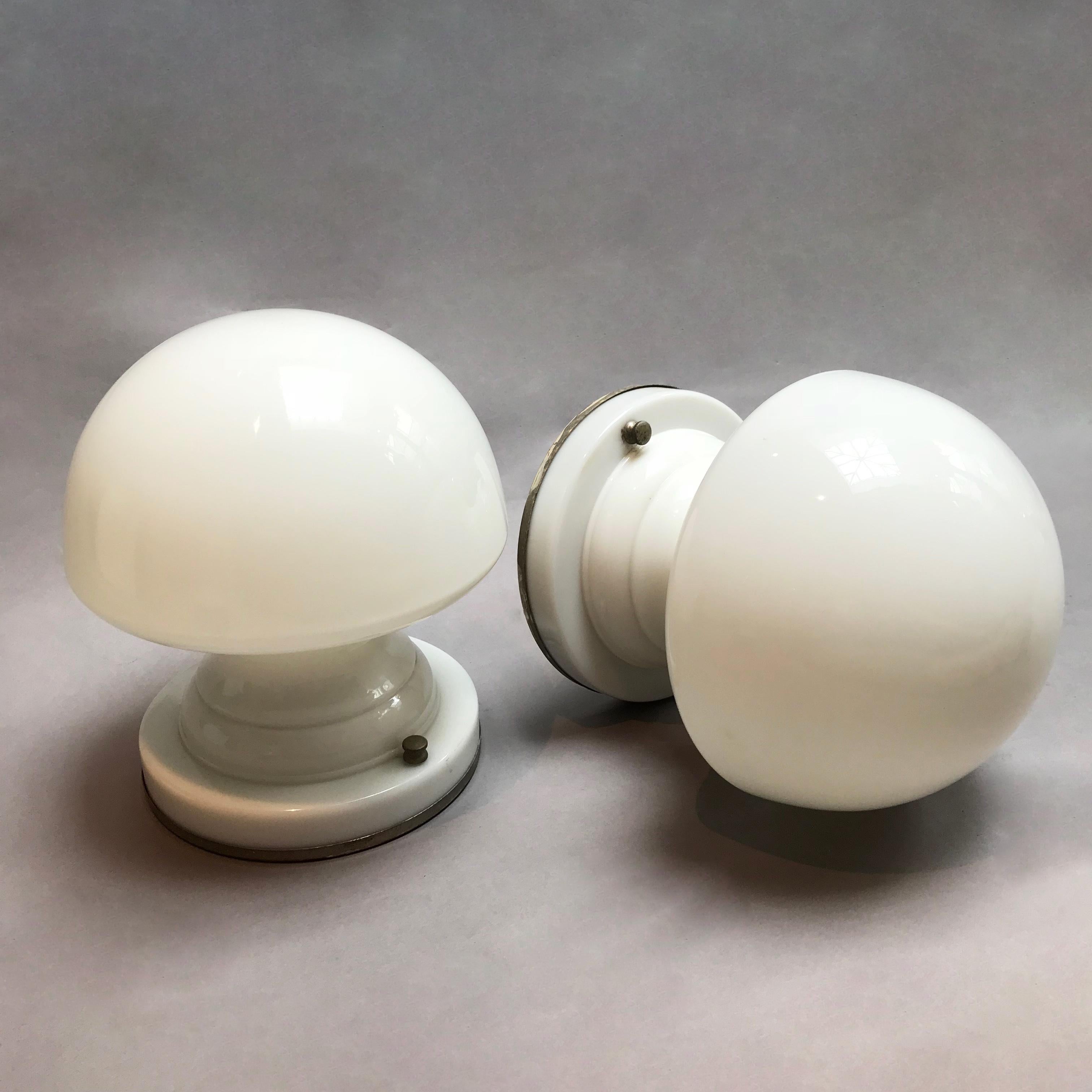 20th Century Pair of Art Deco All Milk Glass Flush Mount Ceiling Lights