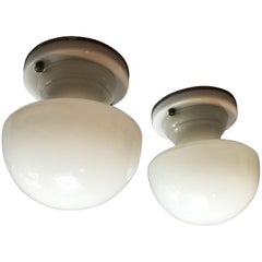 Antique Pair of Art Deco All Milk Glass Flush Mount Ceiling Lights