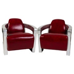 Paire de fauteuils Aviator Art Déco en aluminium et cuir 