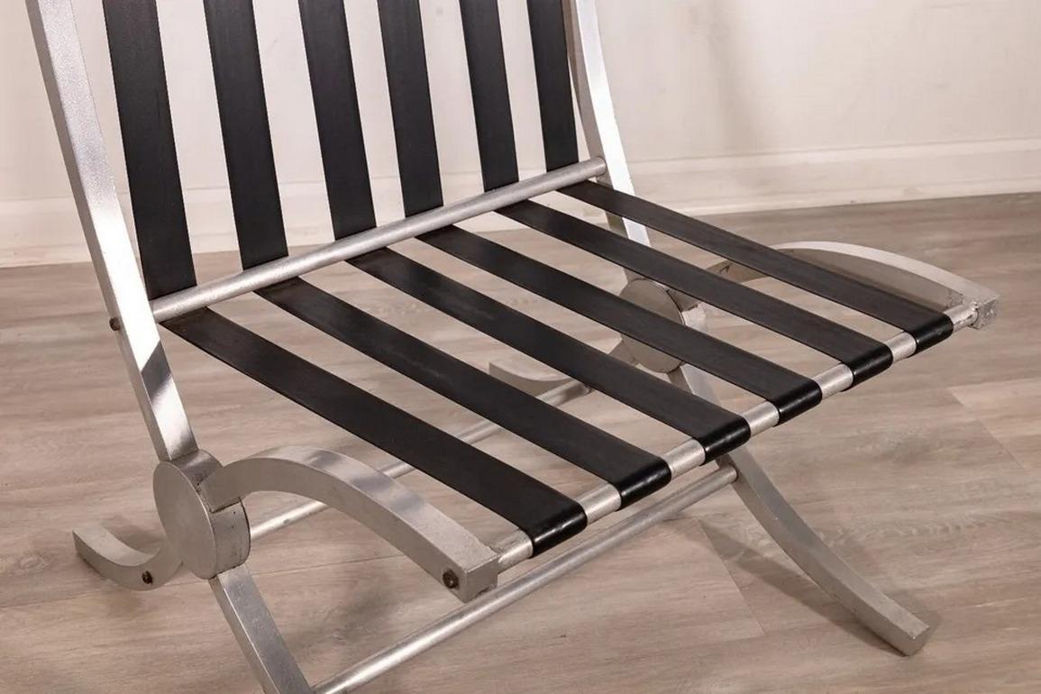 Pair of Art Deco Aluminum and Black Barcelona Style X Framed Sleek Lounge Chairs For Sale 3