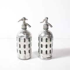 Coppia di contenitori per seltz in alluminio e vetro Art Deco