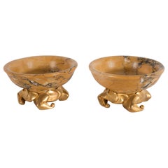 Antique Pair of Art Deco Amber Gold Marble Dishes with Stylized Gilt Bronze Bases