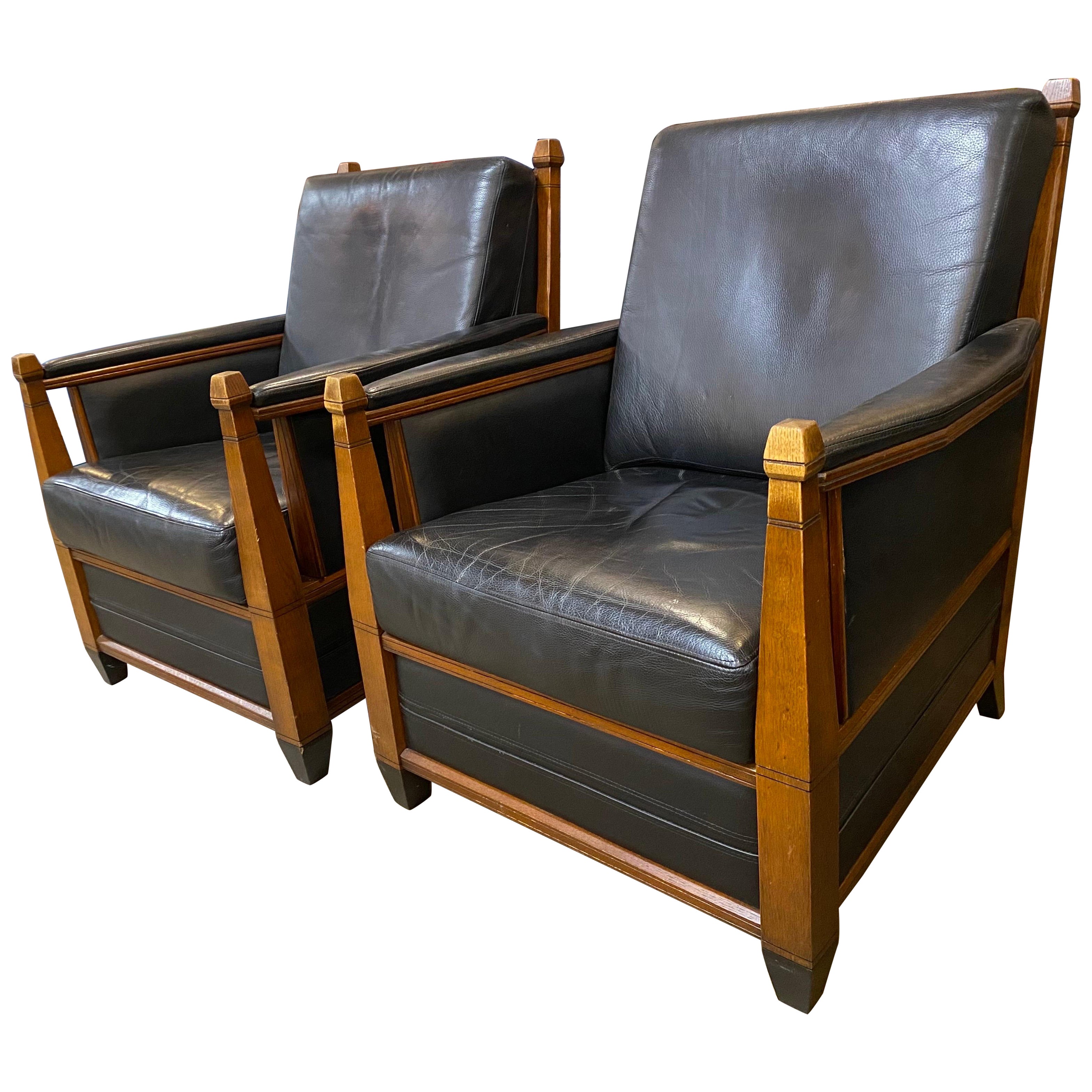 Pair of Art Deco Amsterdam School Leather Chairs, Netherlands, 1930s