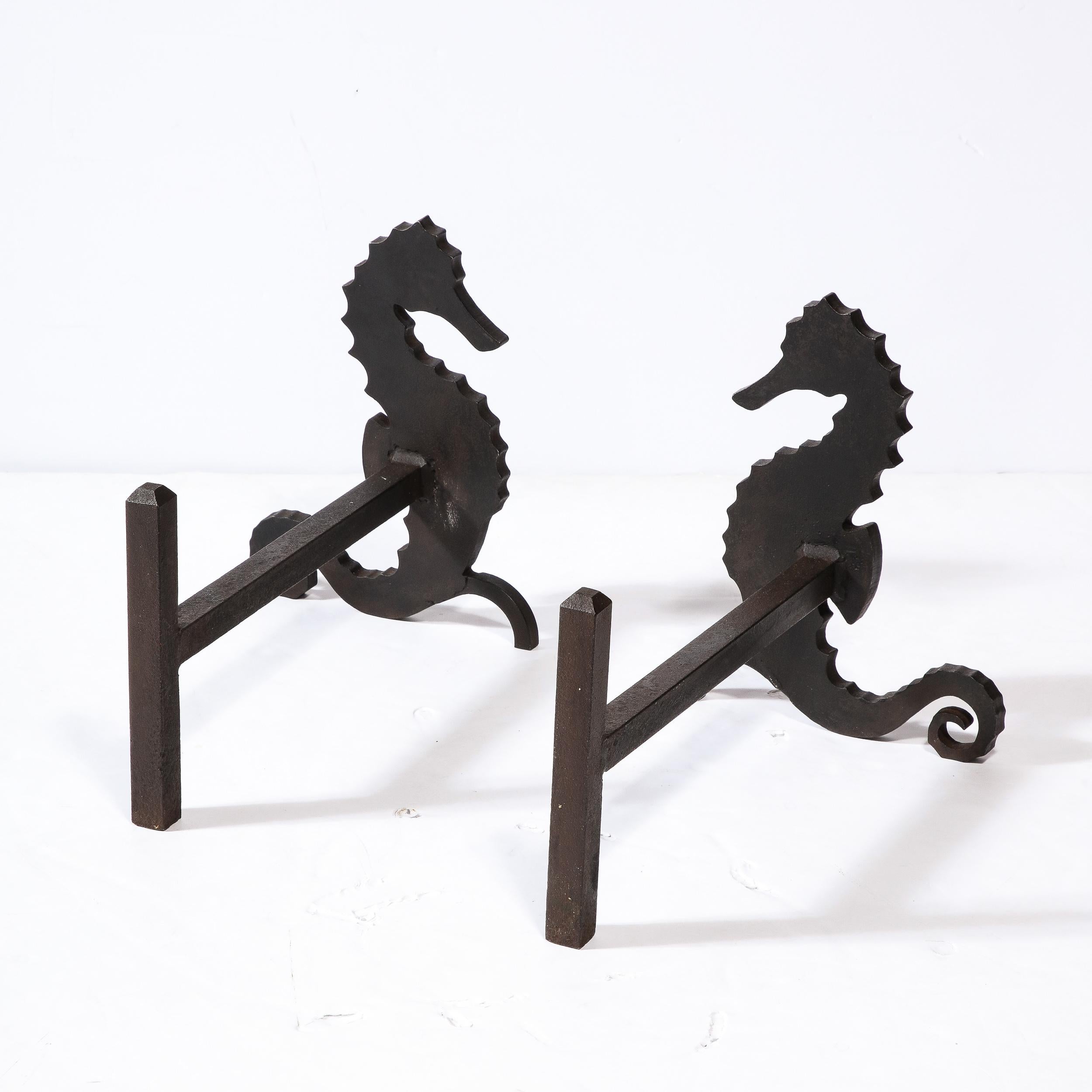 Pair of Art Deco Andirons in Patinated Black Enamel w/ Mirrored Seahorses For Sale 2