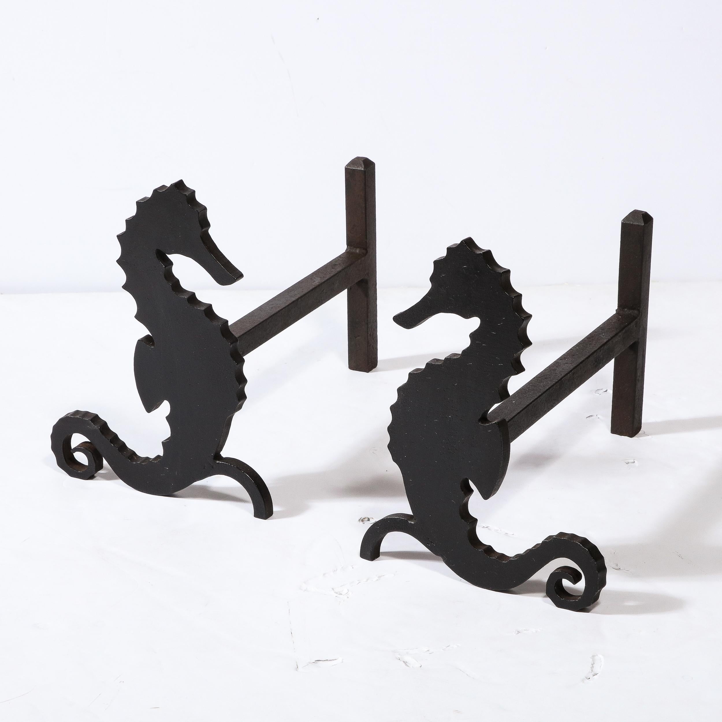 Pair of Art Deco Andirons in Patinated Black Enamel w/ Mirrored Seahorses For Sale 3
