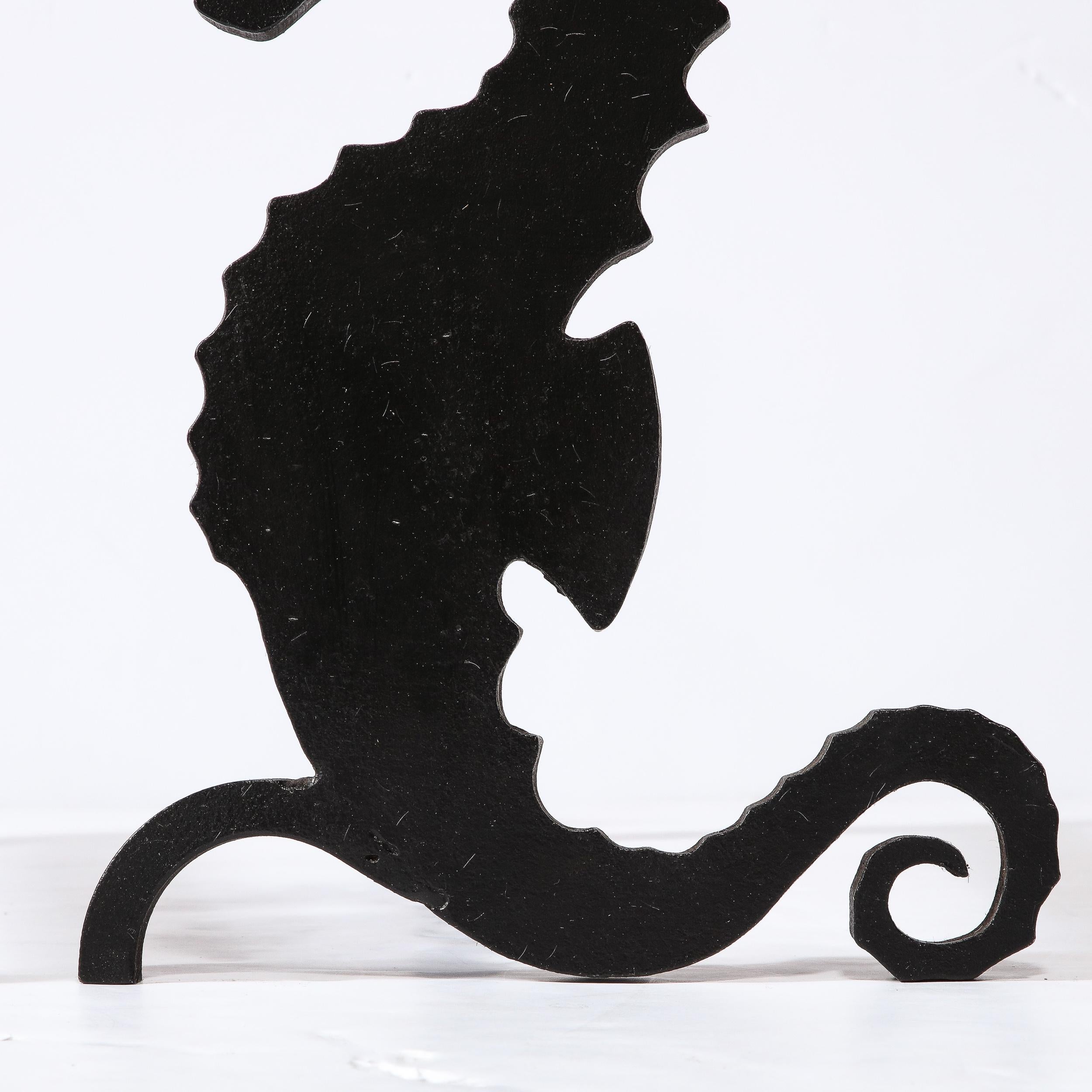 Pair of Art Deco Andirons in Patinated Black Enamel w/ Mirrored Seahorses In Excellent Condition For Sale In New York, NY