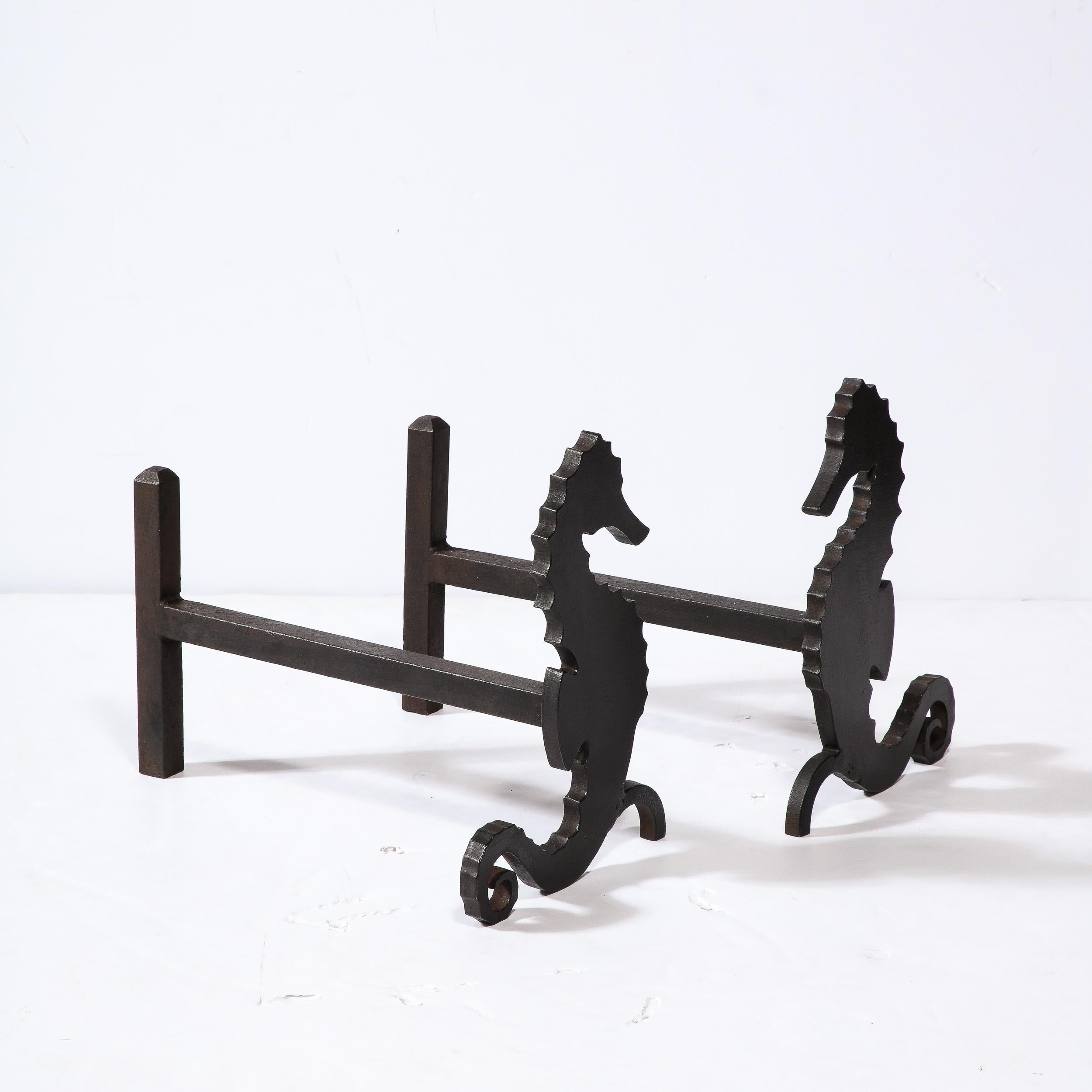Mid-20th Century Pair of Art Deco Andirons in Patinated Black Enamel w/ Mirrored Seahorses For Sale