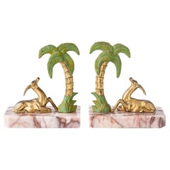 Pair of Art Deco Antelope 
Palm Tree Pink Breccia Marble Bookends