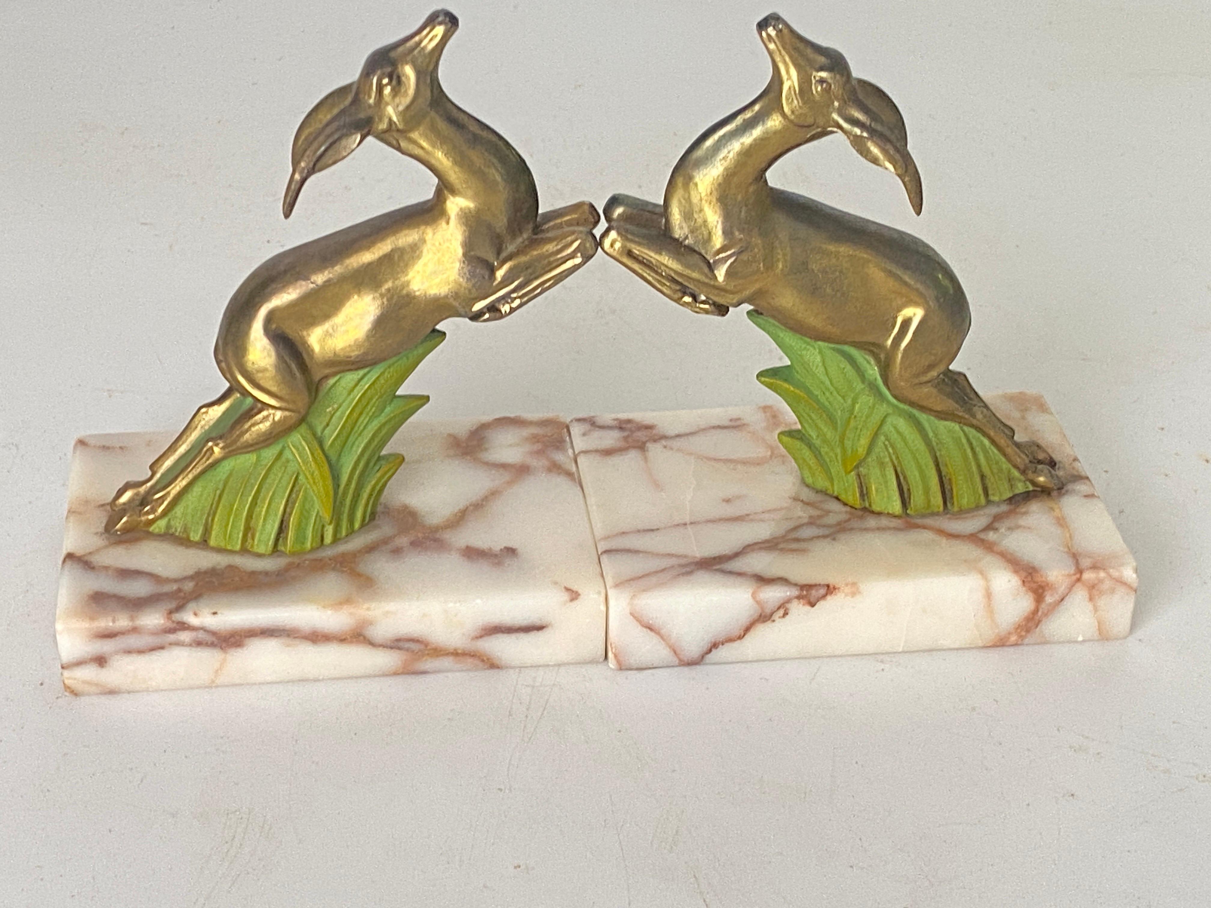 Pair of Art Deco Antelopes Book end Marble Brass, Brown France, 1940 For Sale 2