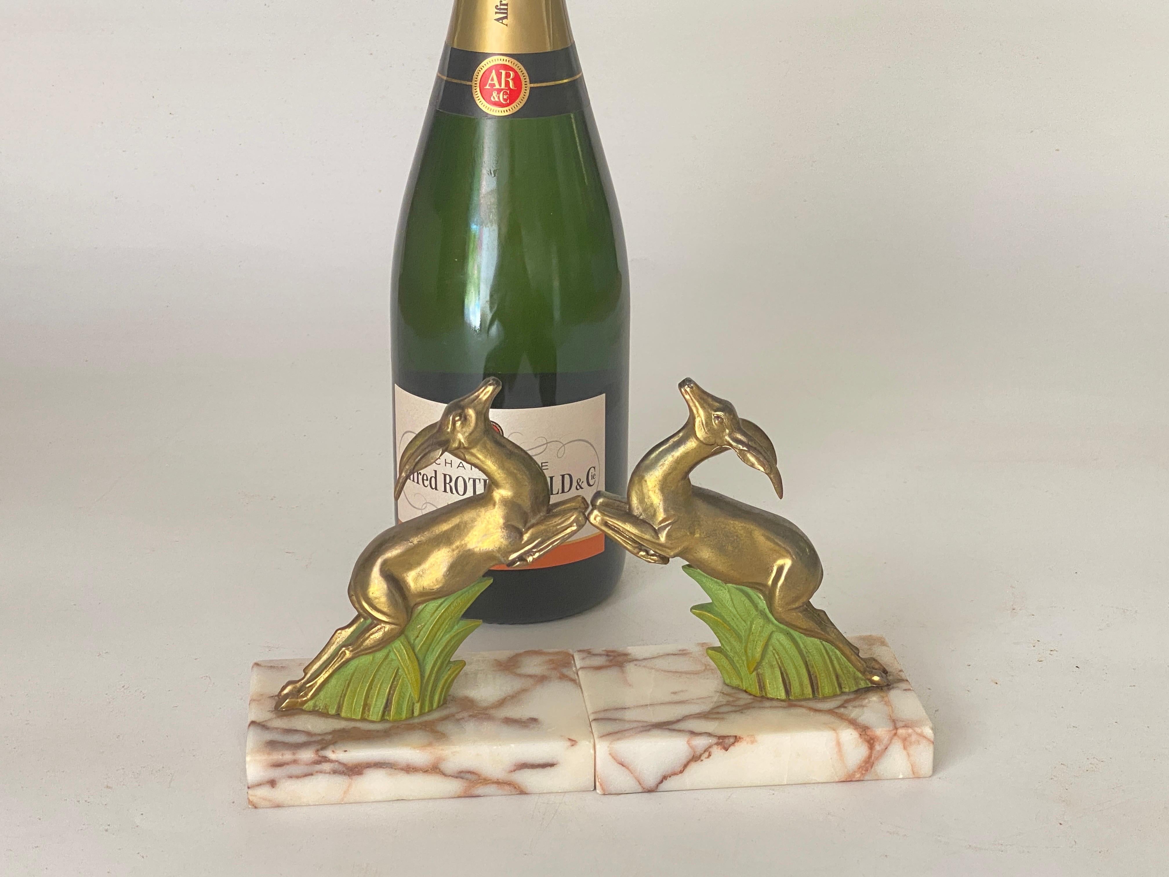 Pair of Art Deco Antelopes Book end Marble Brass, Brown France, 1940 For Sale 4