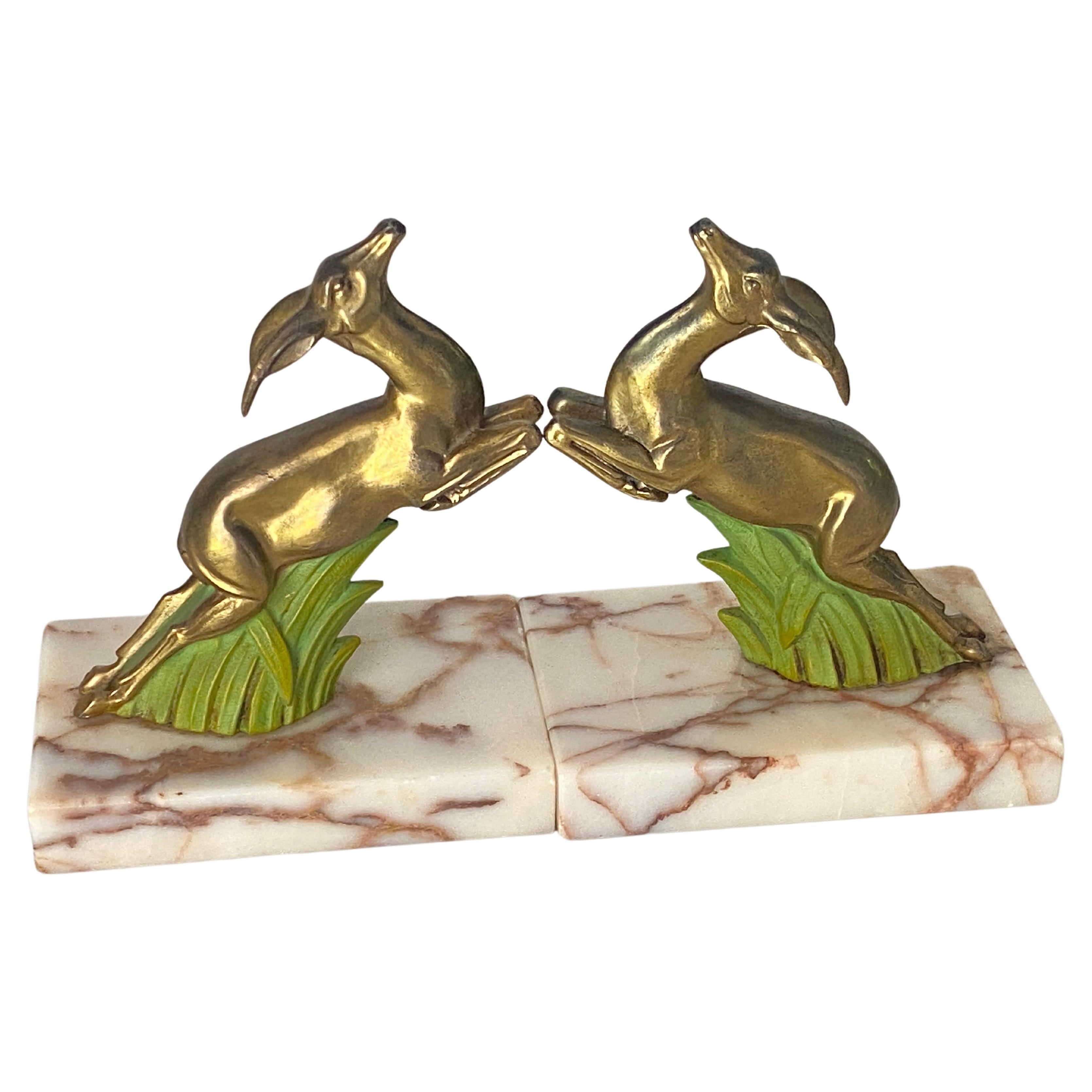Pair of Art Deco Antelopes Book end Marble Brass, Brown France, 1940