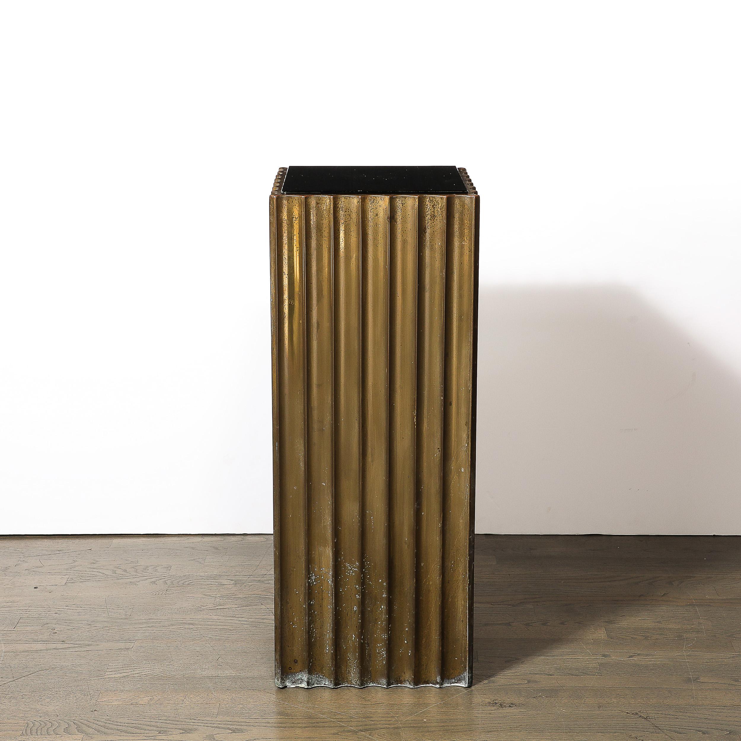 Pair of Art Deco Antiqued Bronze Fluted Pedestal w/ Vitrolite Top 7