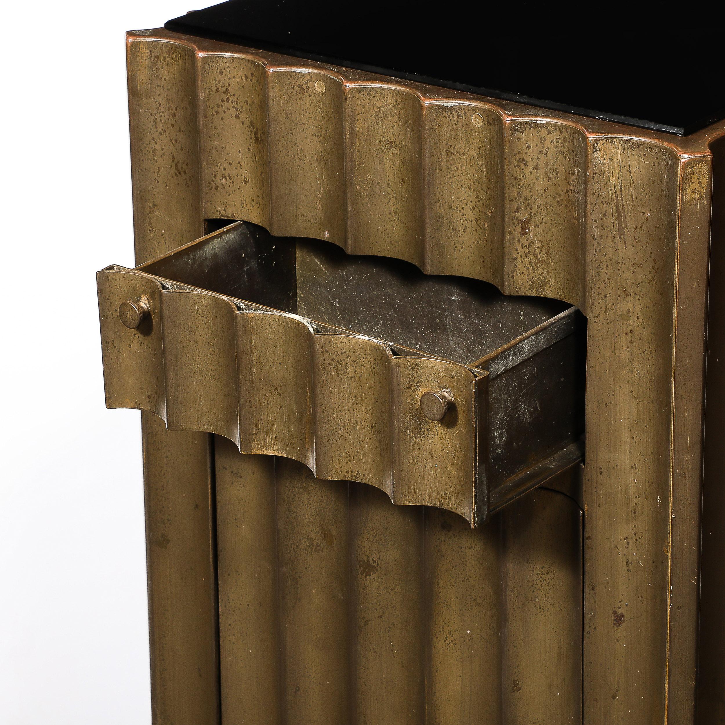 Pair of Art Deco Antiqued Bronze Fluted Pedestal w/ Vitrolite Top 1