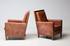 Pair of Art Deco Arm Chairs in Brown Leather and Teak, Netherlands, 1970s