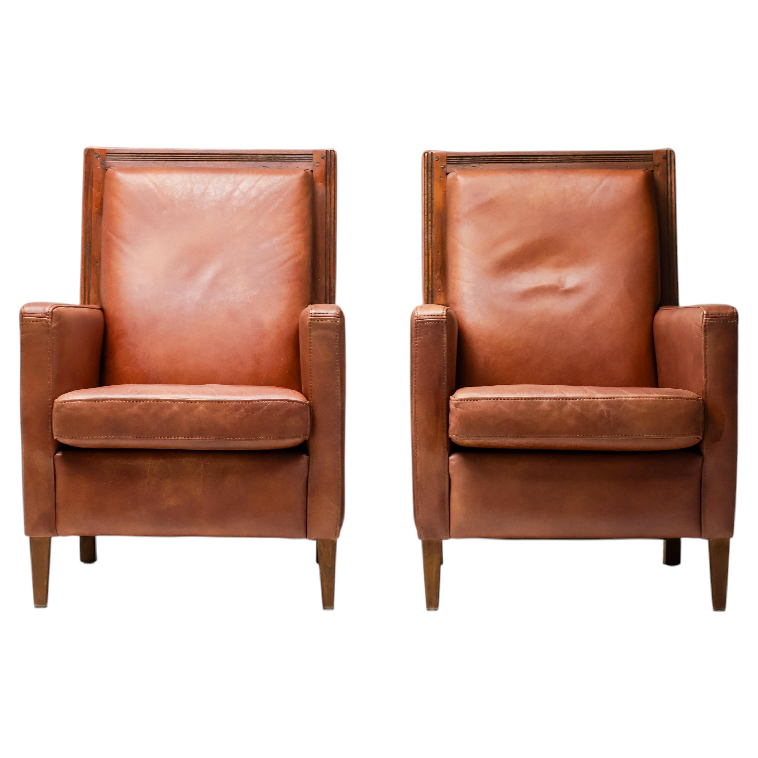 Pair of Art Deco Arm Chairs in Brown Leather and Teak, Netherlands, 1970s For Sale