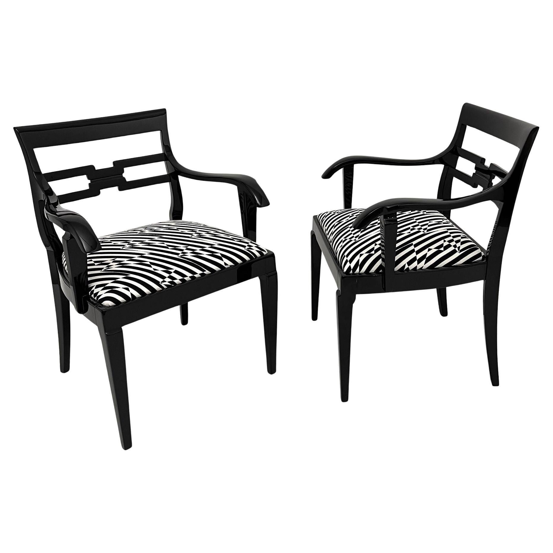 Pareja de Sillones Art Decó, Laca Negra, Tela Negra-Crema, Alemania ca. 1925 en venta