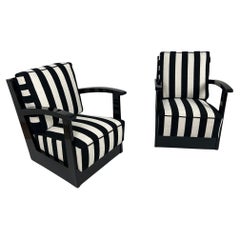 Pair of Art Deco Armchairs, Black Lacquer, Fabric, Netherlands circa 1925