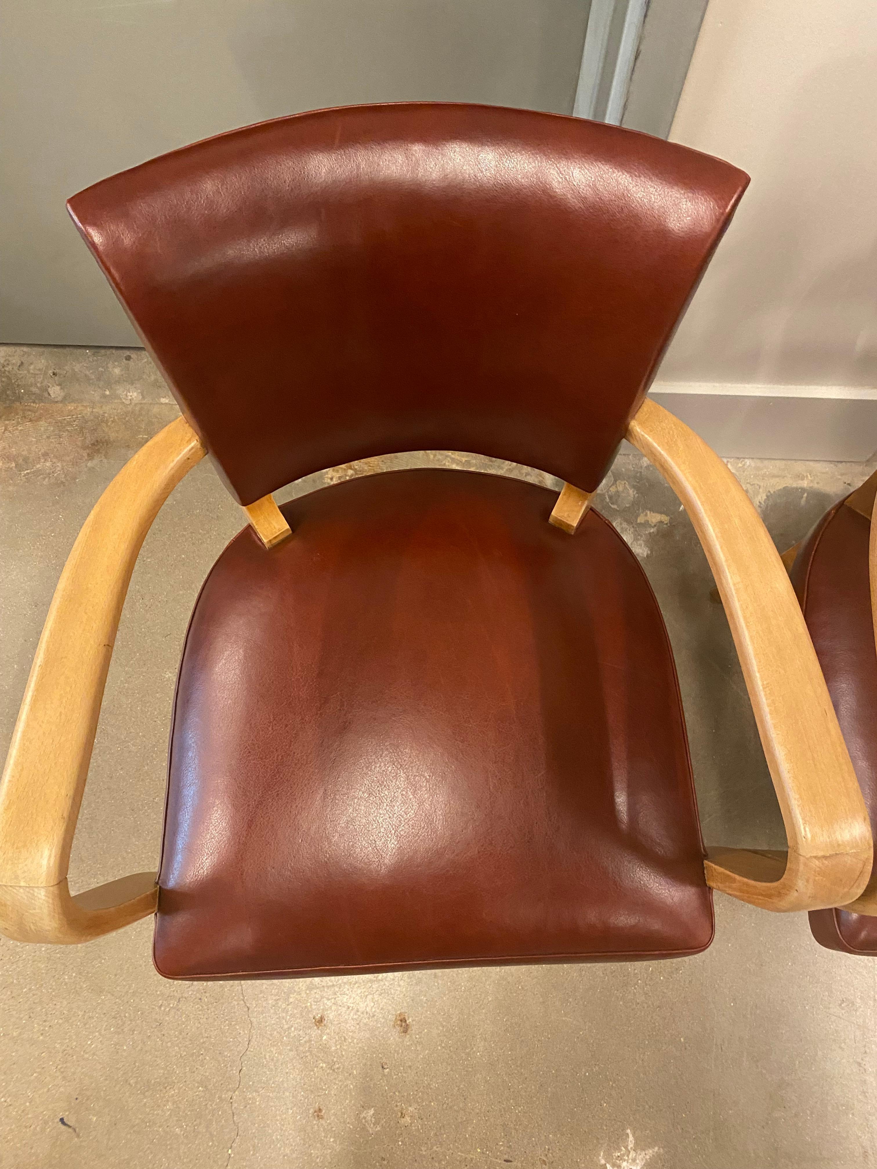 Pair of Art Deco Armchairs, Bridge Chairs, in Oxblood Leather, France 1940's 2