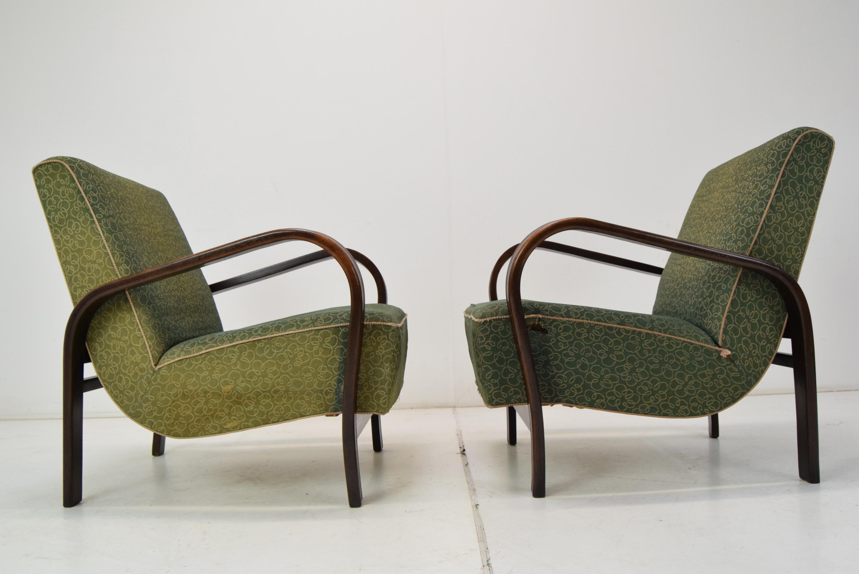 Fabric Pair of Art Deco Armchairs by Kropacek and Kozelka, 1930's.