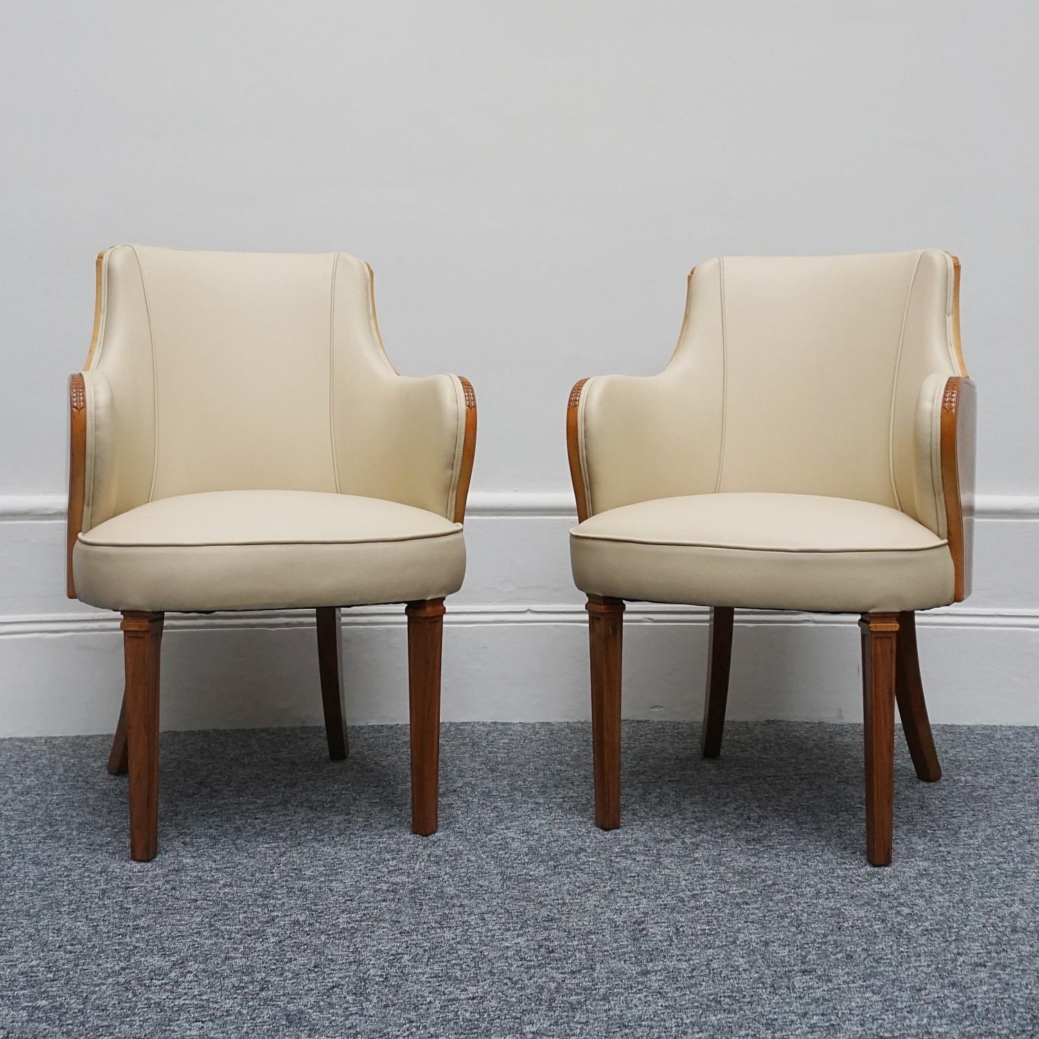English Pair of Art Deco Armchairs by Maurice Adams Walnut and Leather Circa 1930