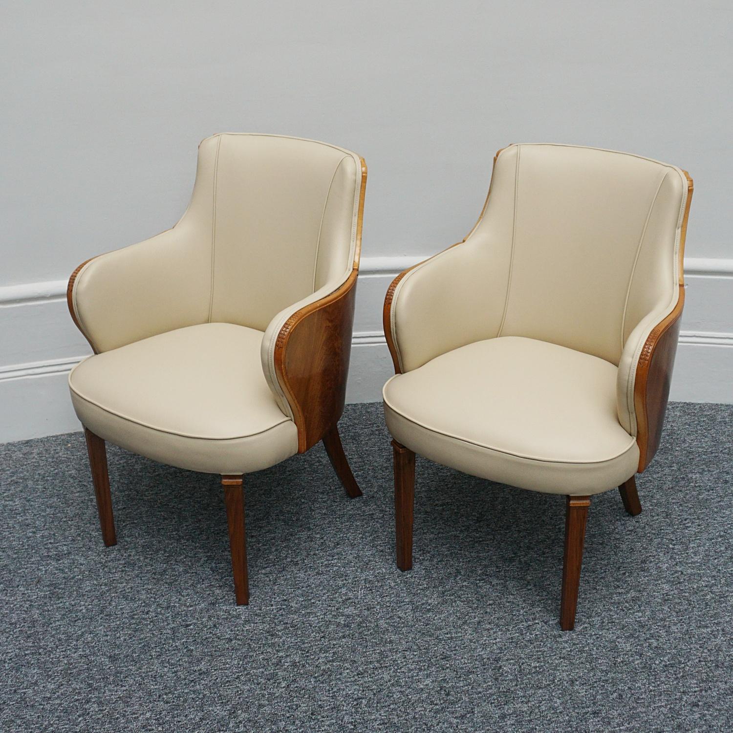 Mid-20th Century Pair of Art Deco Armchairs by Maurice Adams Walnut and Leather Circa 1930