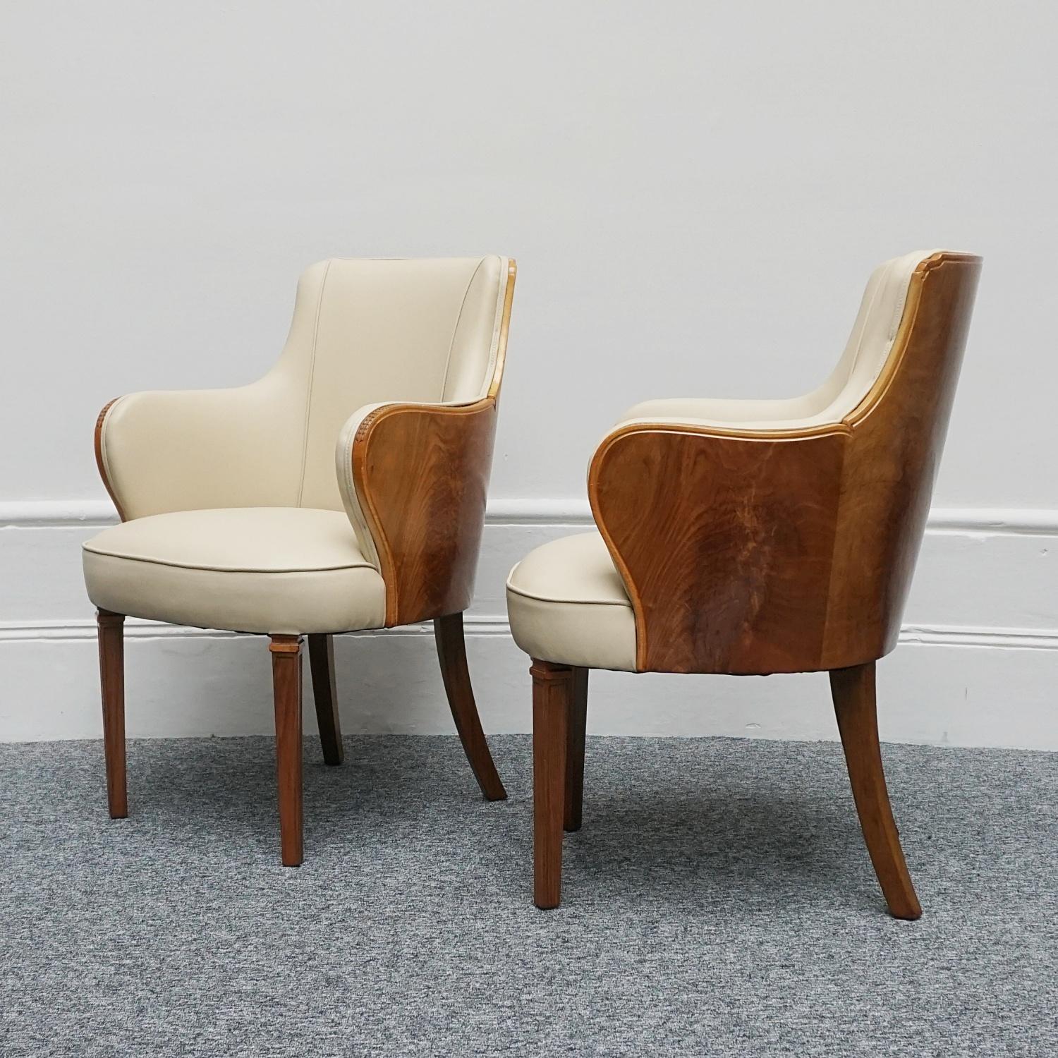 Pair of Art Deco Armchairs by Maurice Adams Walnut and Leather Circa 1930 1