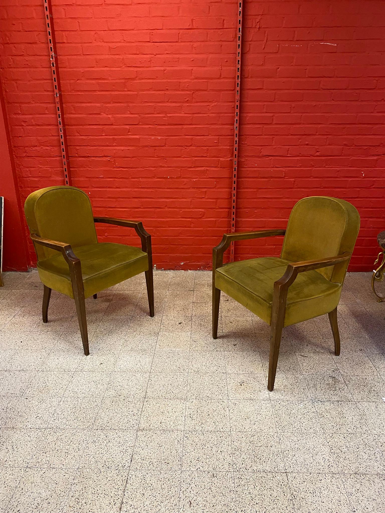 Pair of Art Deco armchairs circa 1930
 wood and velvet.