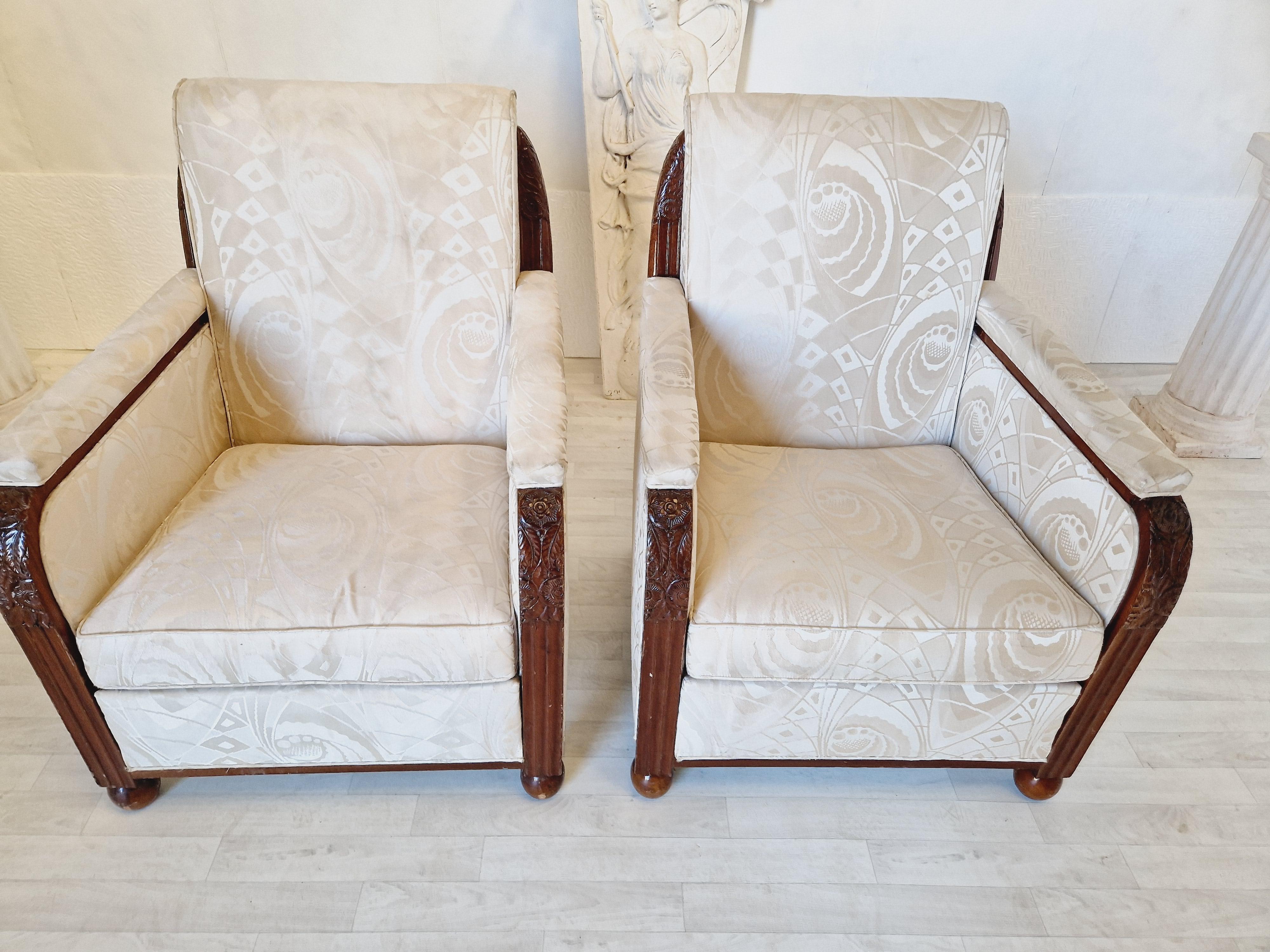 Carved Pair of Art Deco Armchairs Cl For Sale