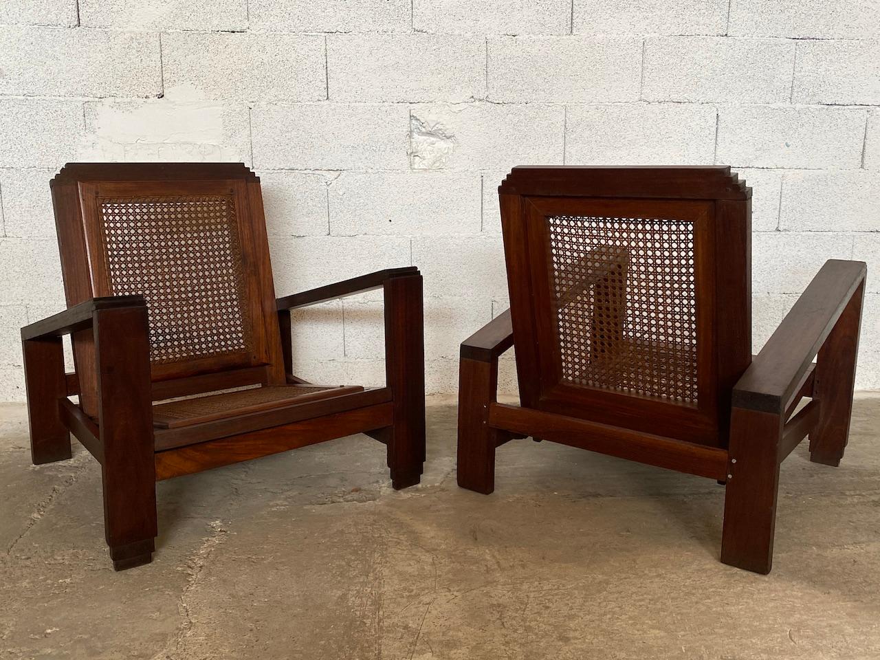 Pair of Art Deco Armchairs, Colonial French Work in Solid Mahogany, 1930 In Good Condition In Saint Rémy de Provence, FR
