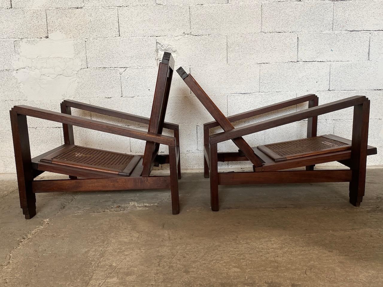Mid-20th Century Pair of Art Deco Armchairs, Colonial French Work in Solid Mahogany, 1930