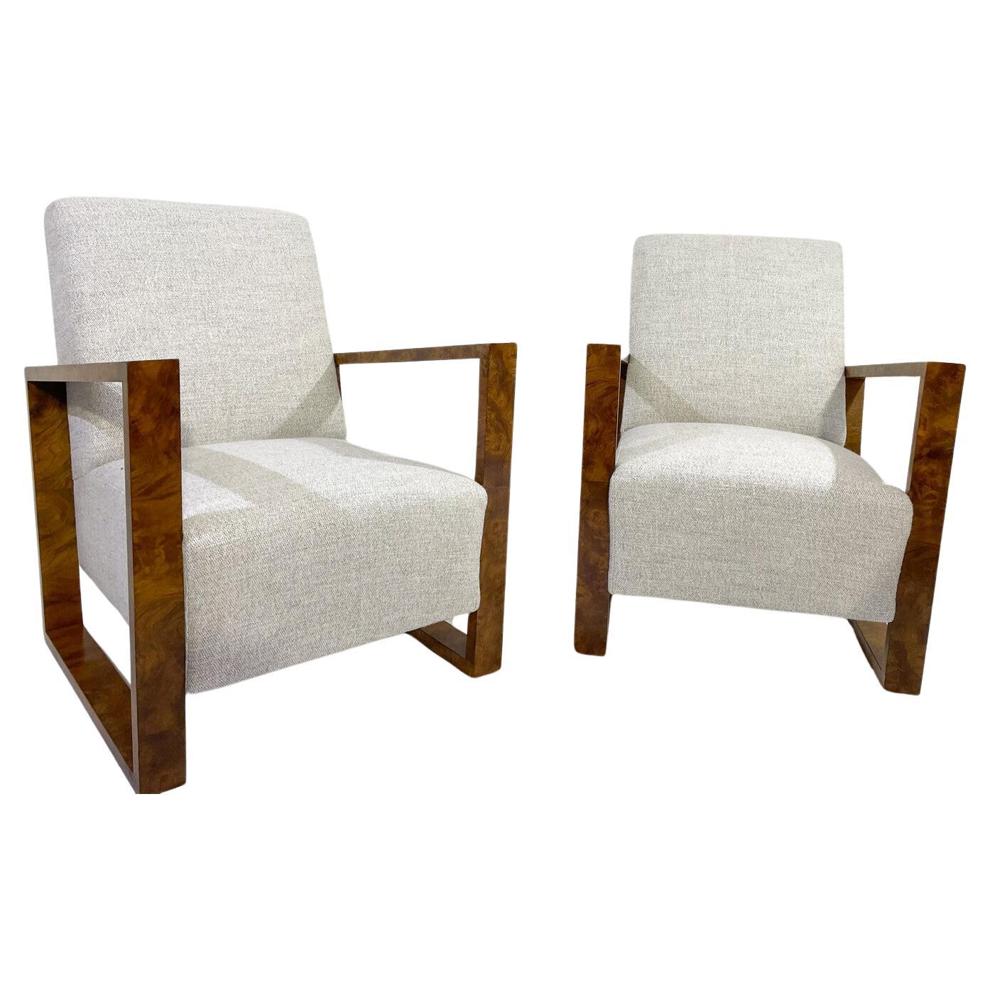 Pair of Art Deco Armchairs , Fabric and Walnut, New Upholstery For Sale