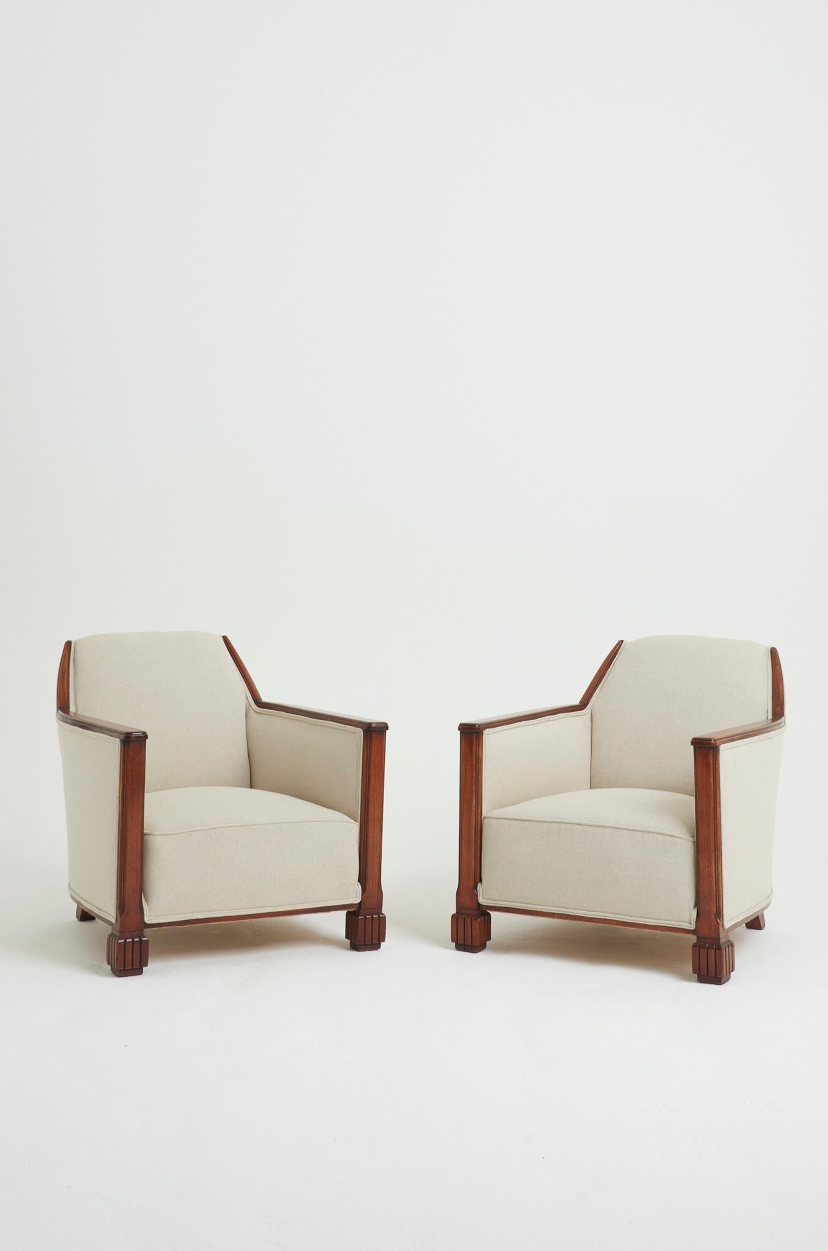 A pair of Art Deco oak armchairs
France, 1930s
71 cm high by 65 cm wide by 82.5 cm depth, seat height 35 cm