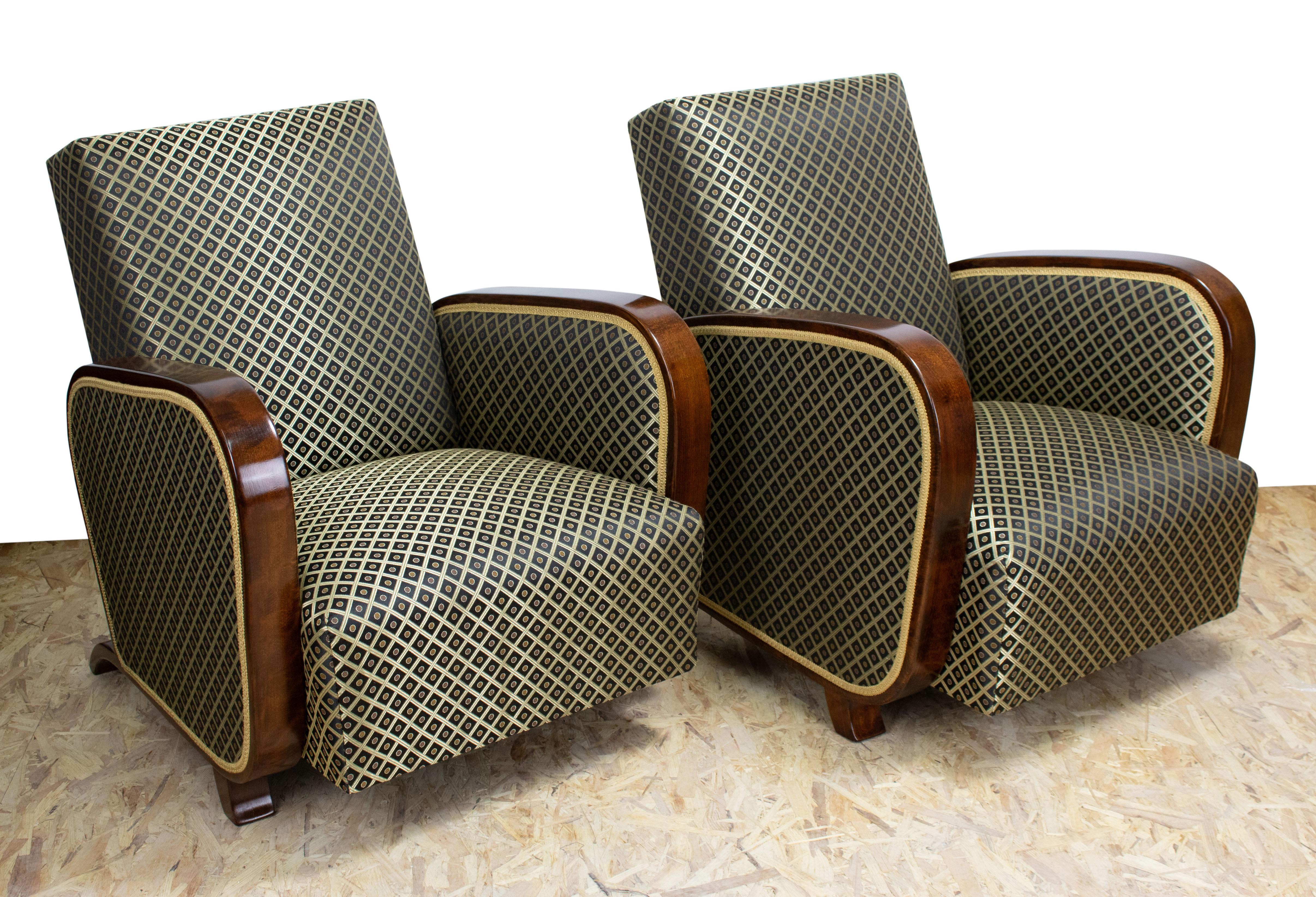 Upholstery Pair of Art Deco Armchairs, Fully Restored For Sale