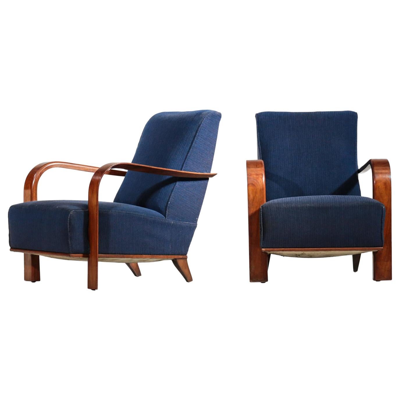 Pair of Art Deco Armchairs in Jules Leleu Style, Dark Blue