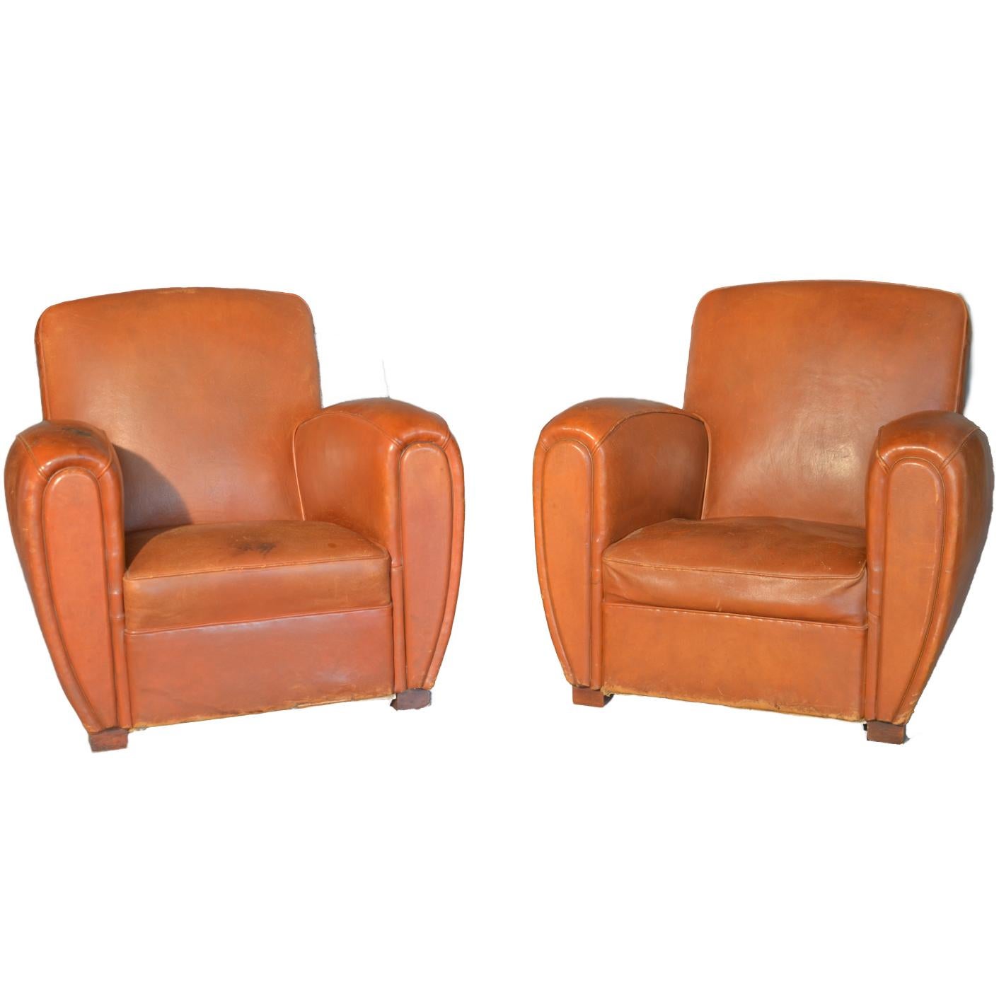 Pair of Art Deco Armchairs in Light Brown Leather of French Origin of 1920 For Sale