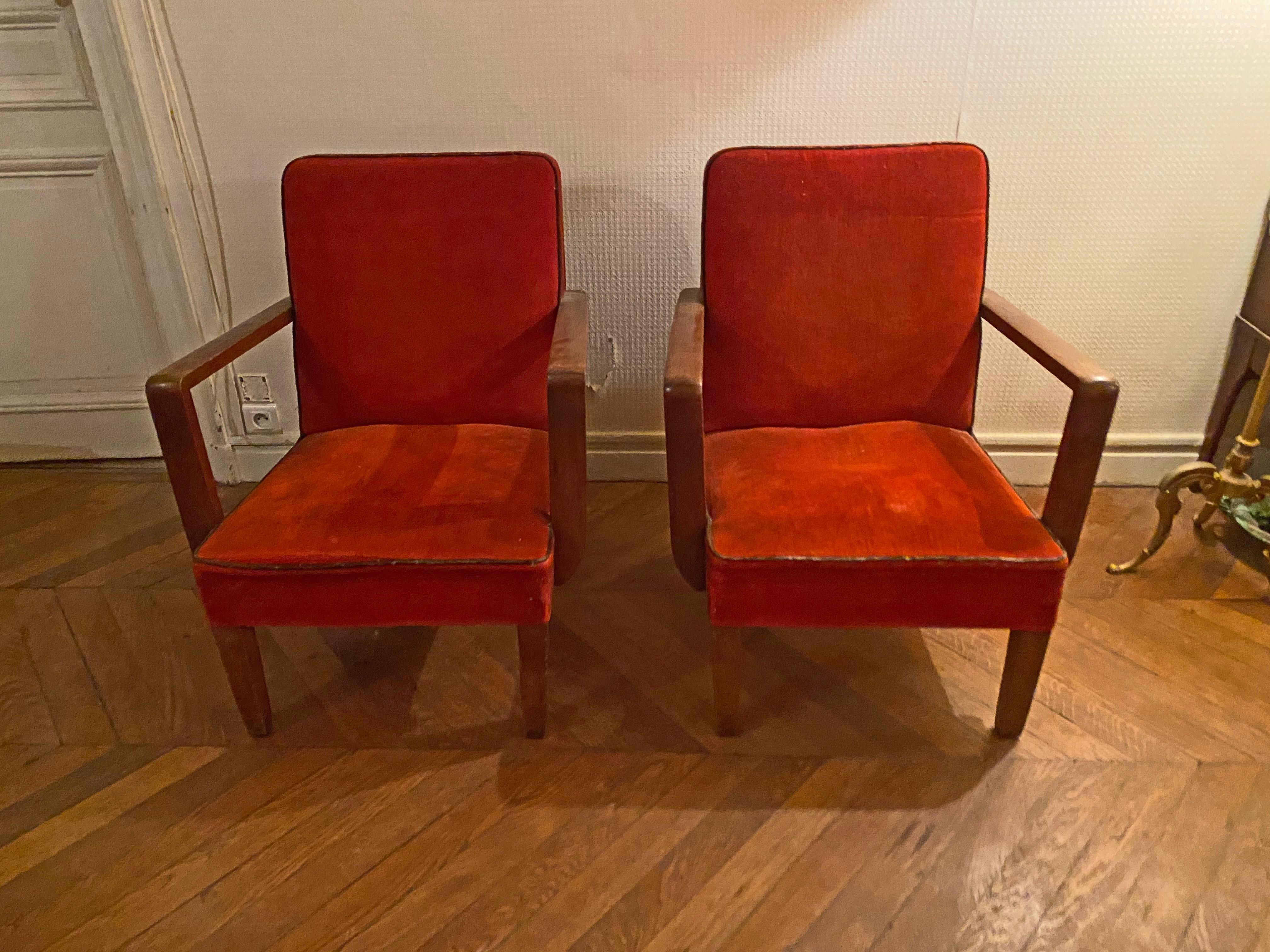 Pair of Art Deco Armchairs in Oak and Velvet, circa 1940-1950 For Sale 5