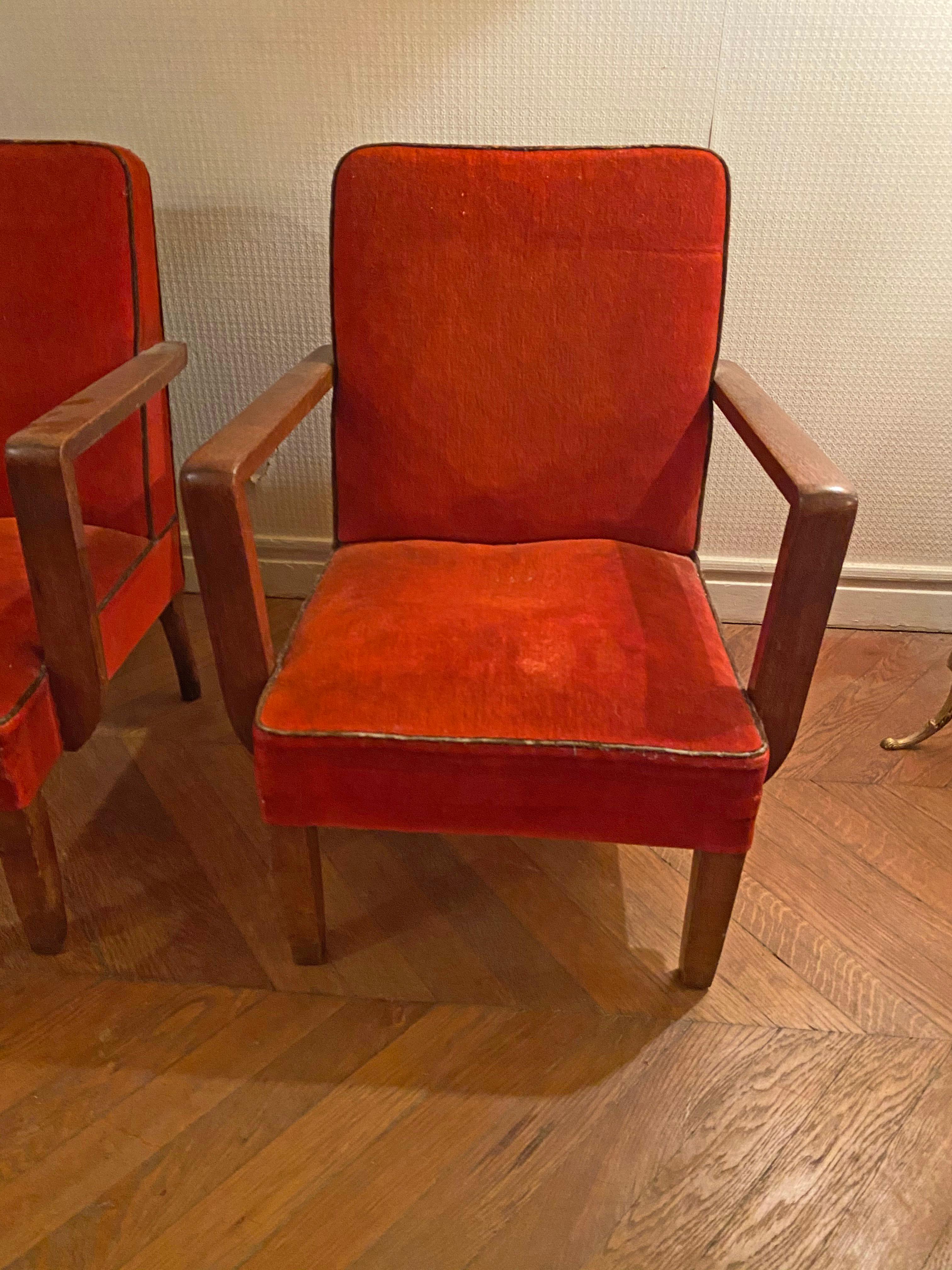 Pair of Art Deco Armchairs in Oak and Velvet, circa 1940-1950 For Sale 6