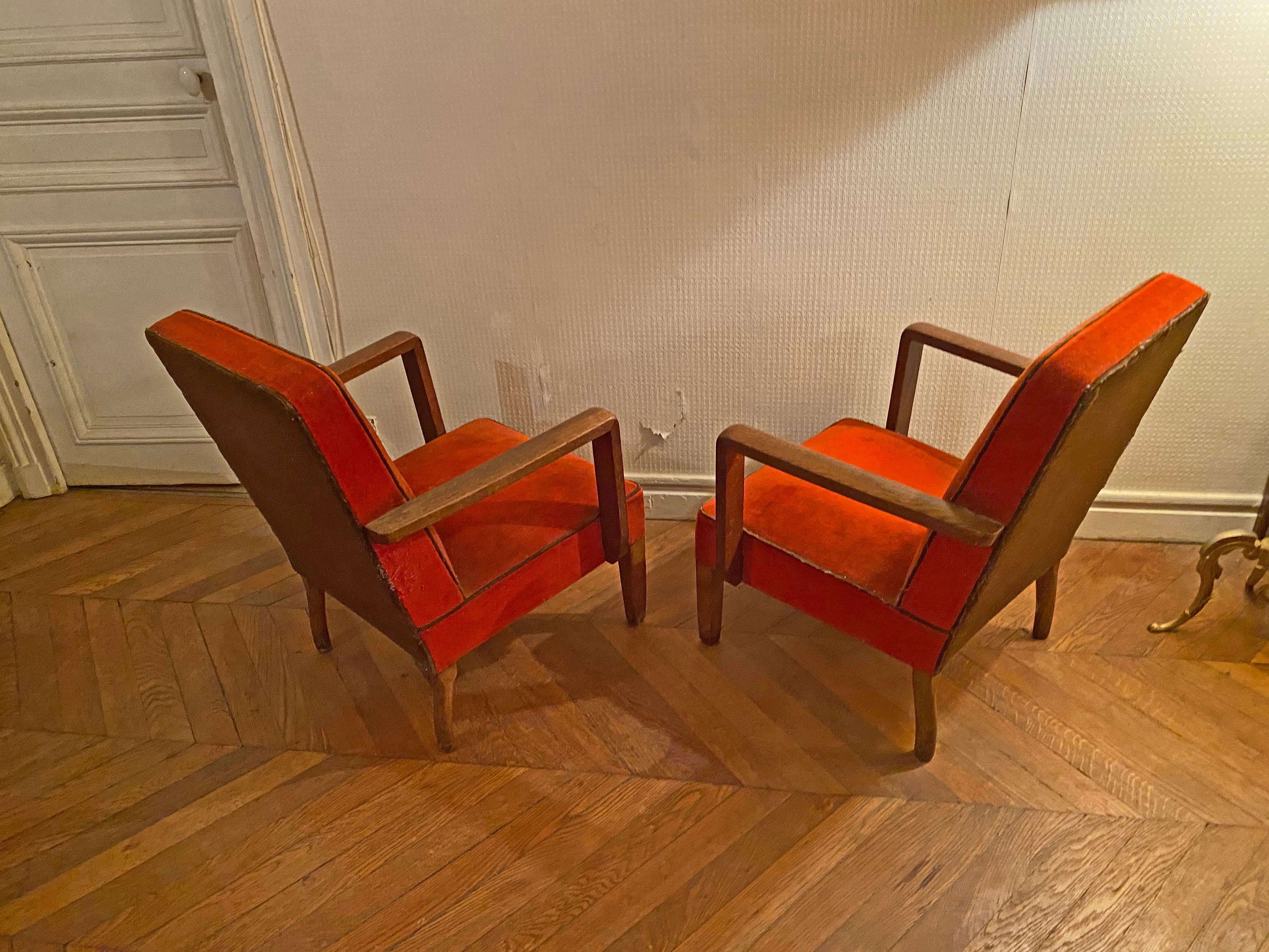 Pair of Art Deco Armchairs in Oak and Velvet, circa 1940-1950 For Sale 7