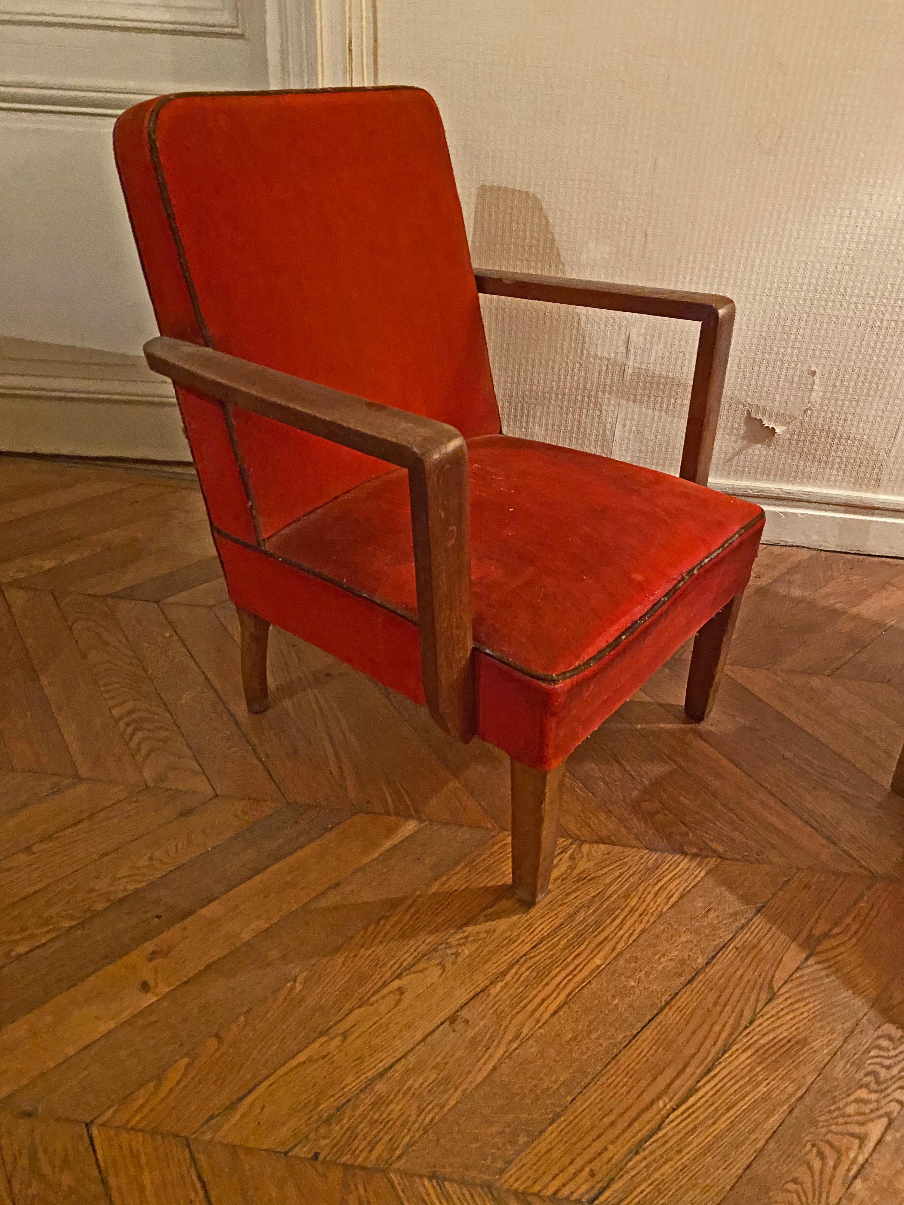 French Pair of Art Deco Armchairs in Oak and Velvet, circa 1940-1950 For Sale