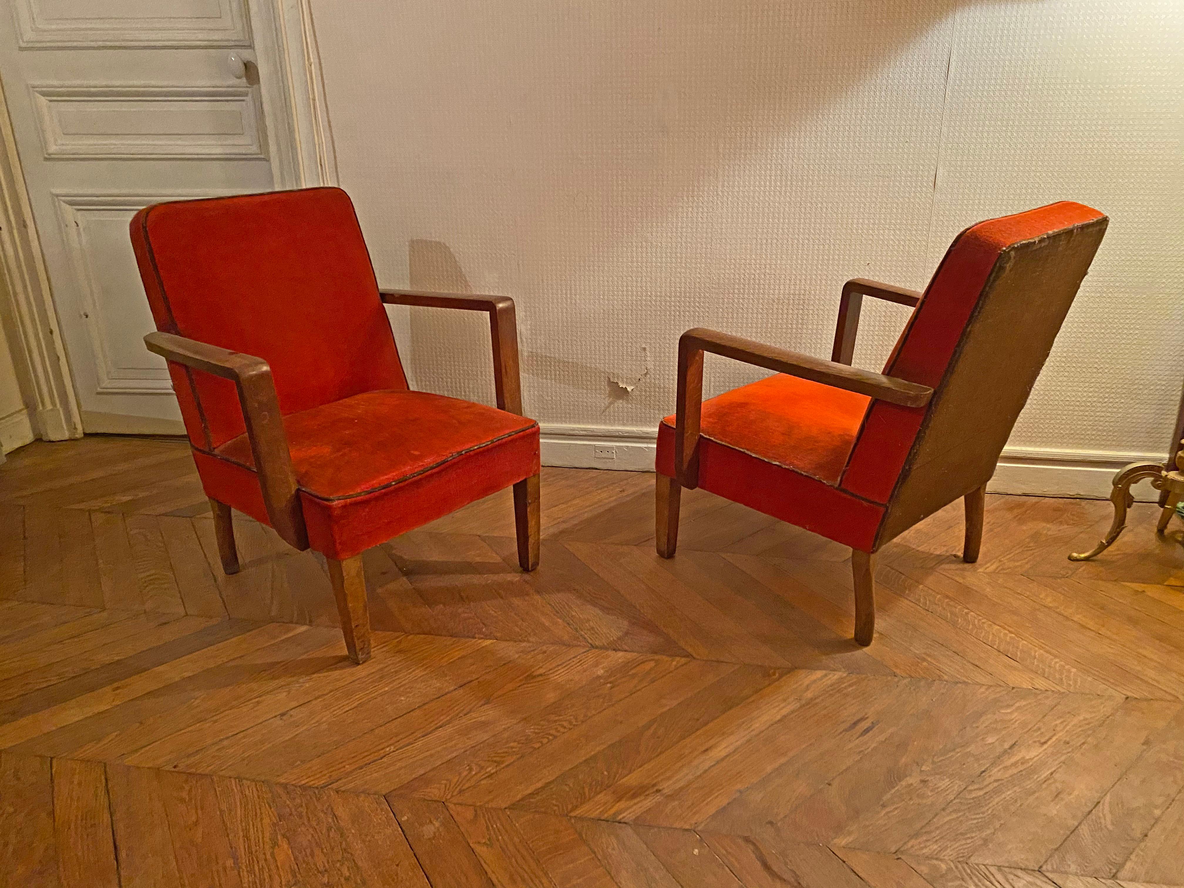Pair of Art Deco Armchairs in Oak and Velvet, circa 1940-1950 In Good Condition For Sale In Saint-Ouen, FR