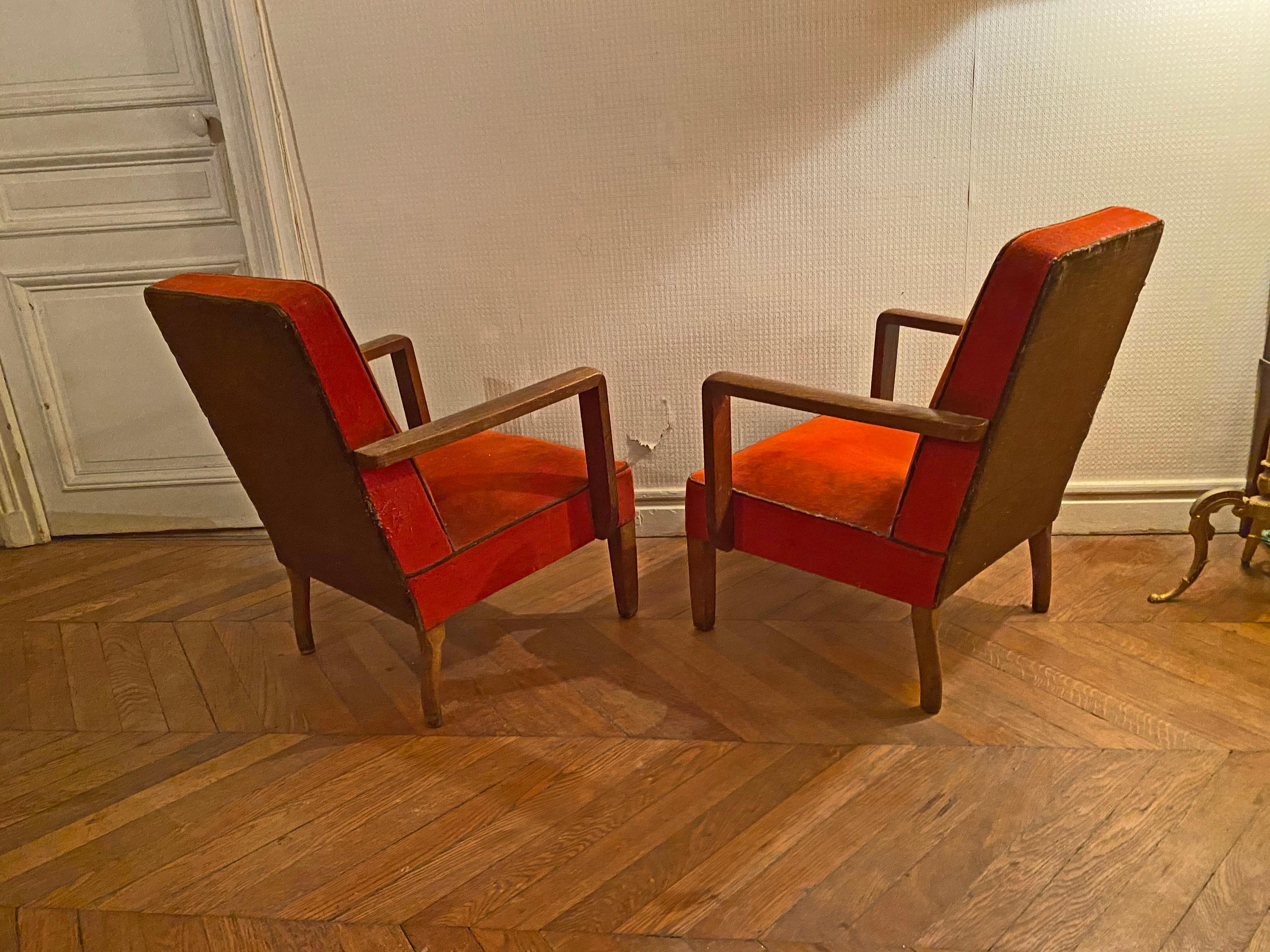 Pair of Art Deco Armchairs in Oak and Velvet, circa 1940-1950 For Sale 2