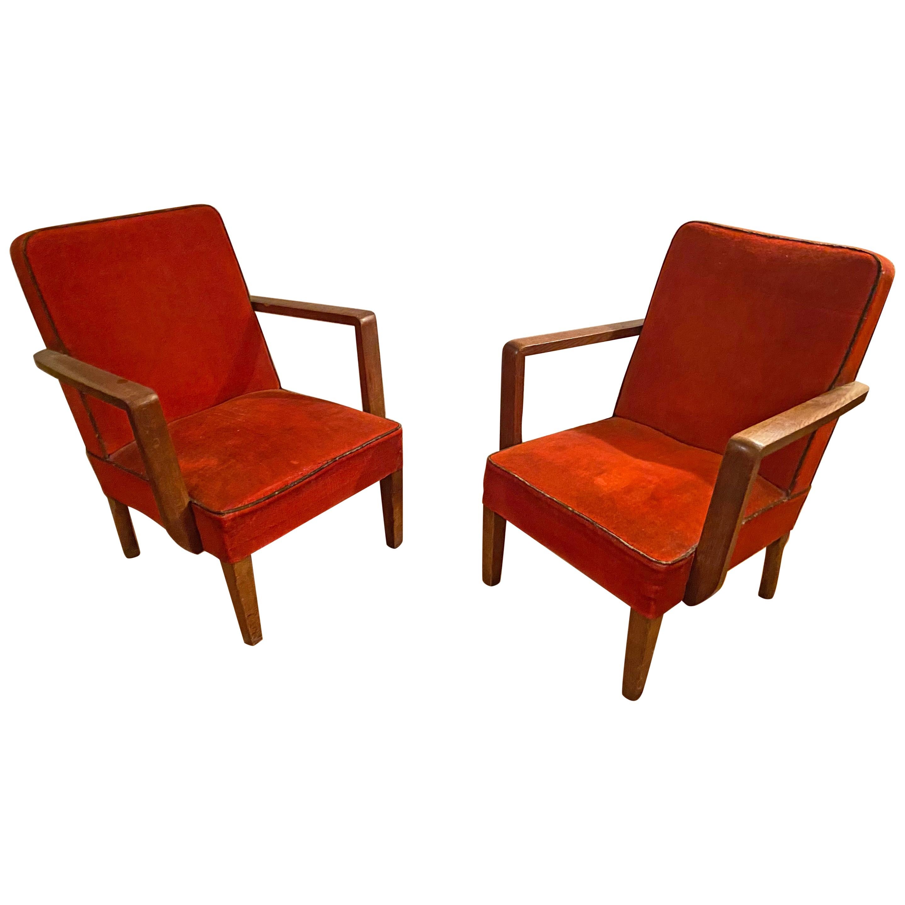 Pair of Art Deco Armchairs in Oak and Velvet, circa 1940-1950 For Sale