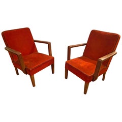 Pair of Art Deco Armchairs in Oak and Velvet, circa 1940-1950