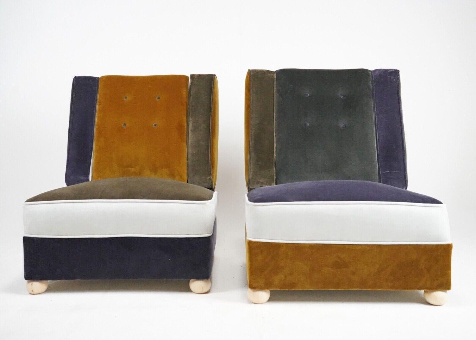 Pair of Art Deco Armchairs in Patchwork Velvet Panels With Moveable Arms In Excellent Condition For Sale In Dorchester, GB