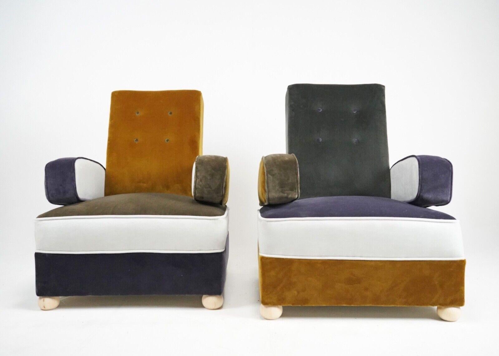Paar Art-Déco-Sessel aus Patchwork-Samtplatten mit beweglichen Armlehnen im Zustand „Hervorragend“ im Angebot in Dorchester, GB