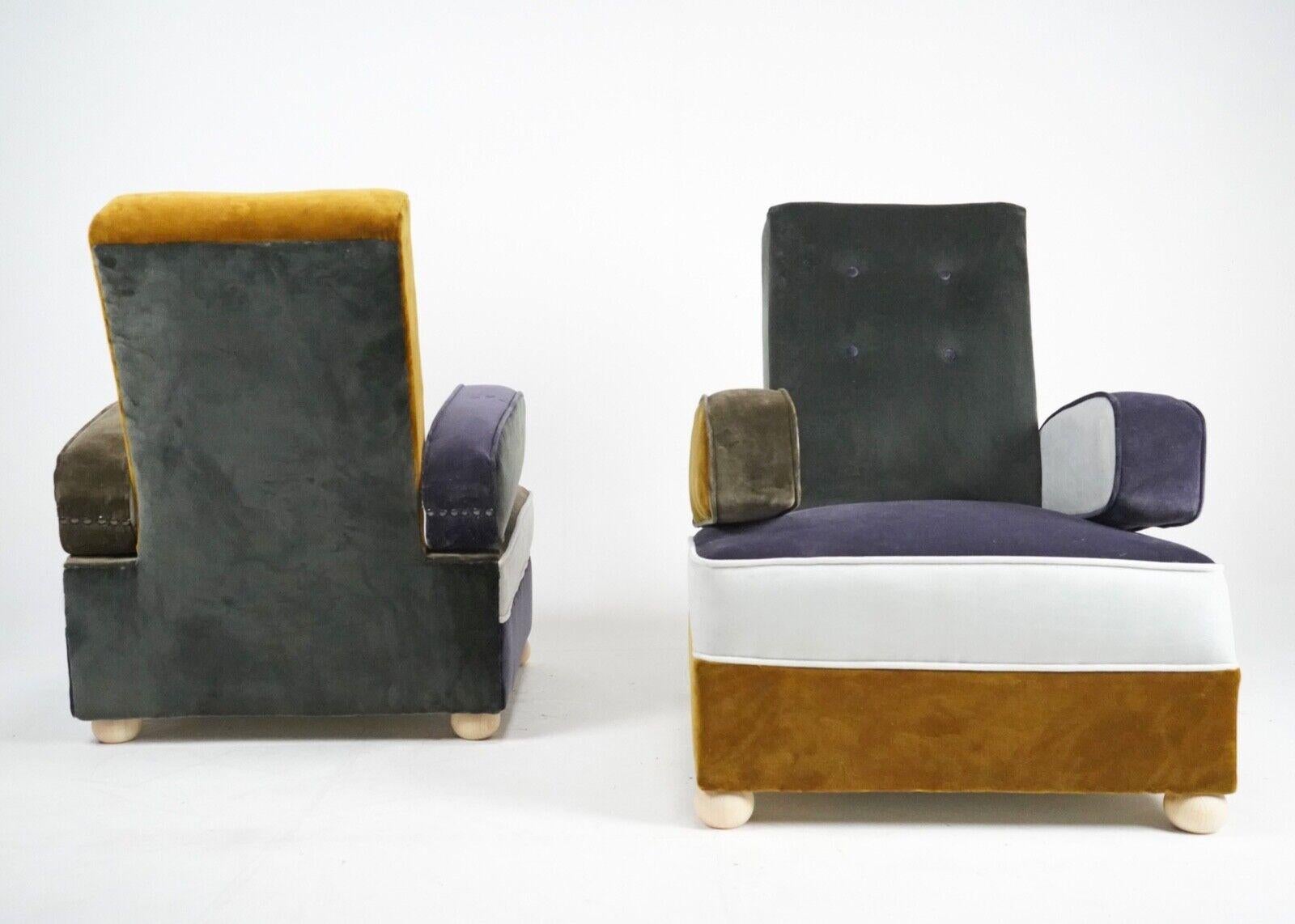 Paar Art-Déco-Sessel aus Patchwork-Samtplatten mit beweglichen Armlehnen im Angebot 3
