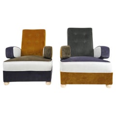 Pair of Art Deco Armchairs in Patchwork Velvet Panels With Moveable Arms