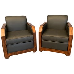 Pair of Art Deco Armchairs in Rosewood and French Black Faux Leather of 1925