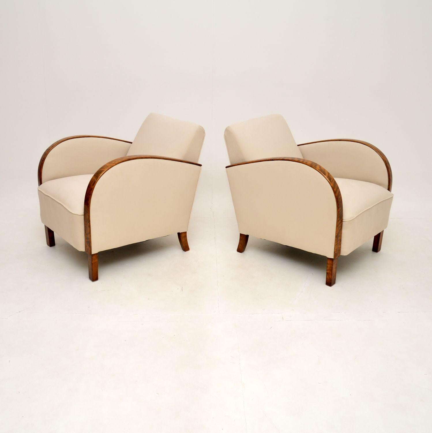 A stylish and very well made pair of Art Deco armchairs in satin birch. They were recently imported from Sweden, they date from the 1920-30’s.

The quality is excellent, they are well sprung and very comfortable. The sweeping satin birch arms curve